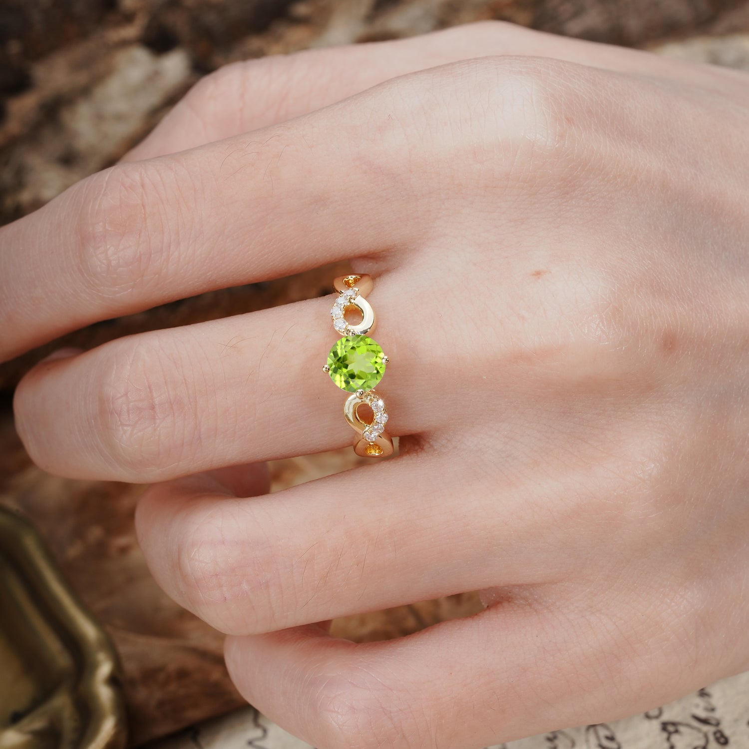 Unique, Luxurious, Twisted-Cross 4-Prong Round Cut Peridot Engagement Ring