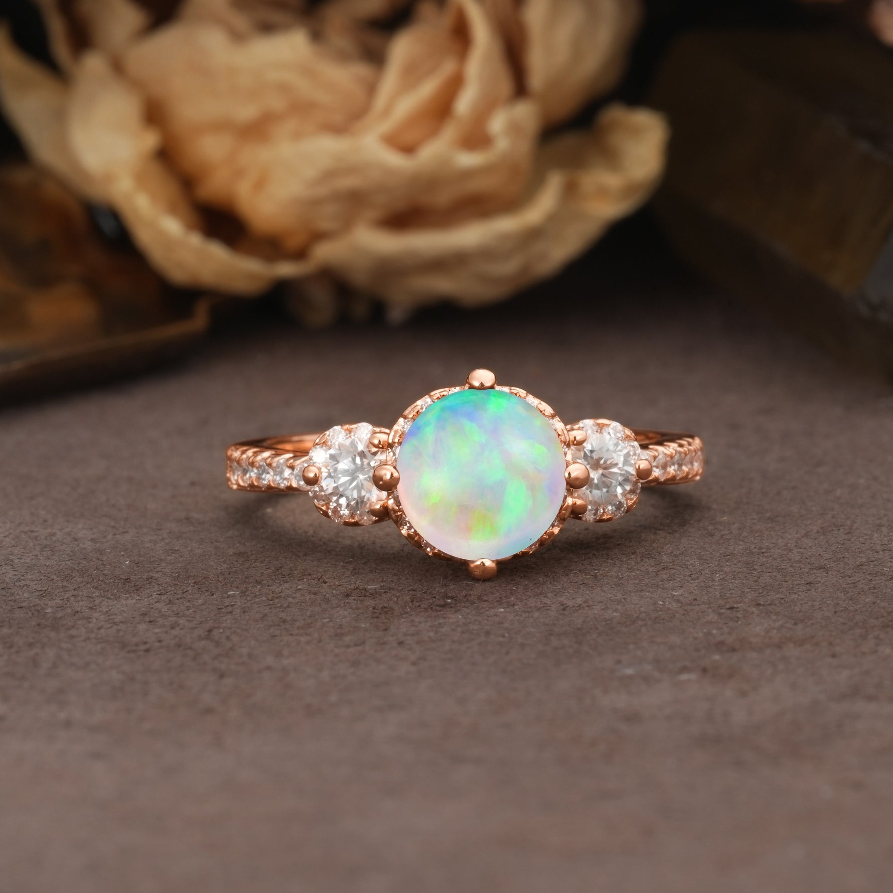 Classic Luxury 4-Prong Round Cut Fire Opal Three Stones Wedding Ring - Additional view