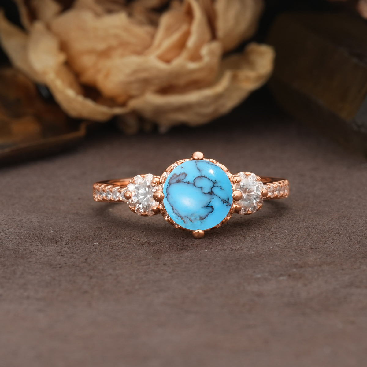 Classic Luxury 4-Prong Round Cut Turquoise Three Stones Wedding Ring - Additional view