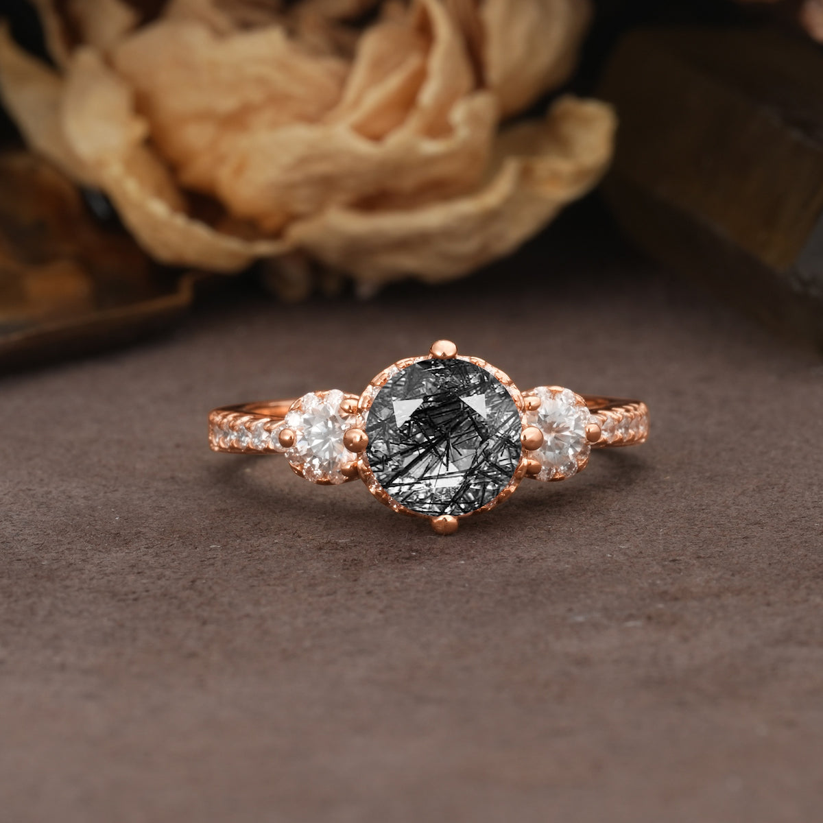 Classic Luxury 4-Prong Round Cut Black Rutilated Quartz Three Stones Wedding Ring - Additional view