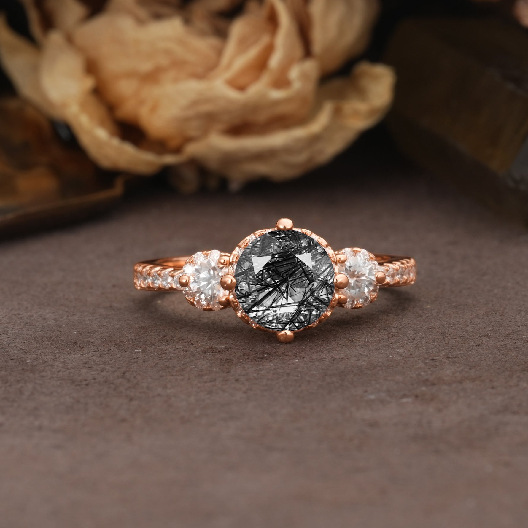 Classic Luxury 4-Prong Round Cut Black Rutilated Quartz Three Stones Wedding Ring - Additional view