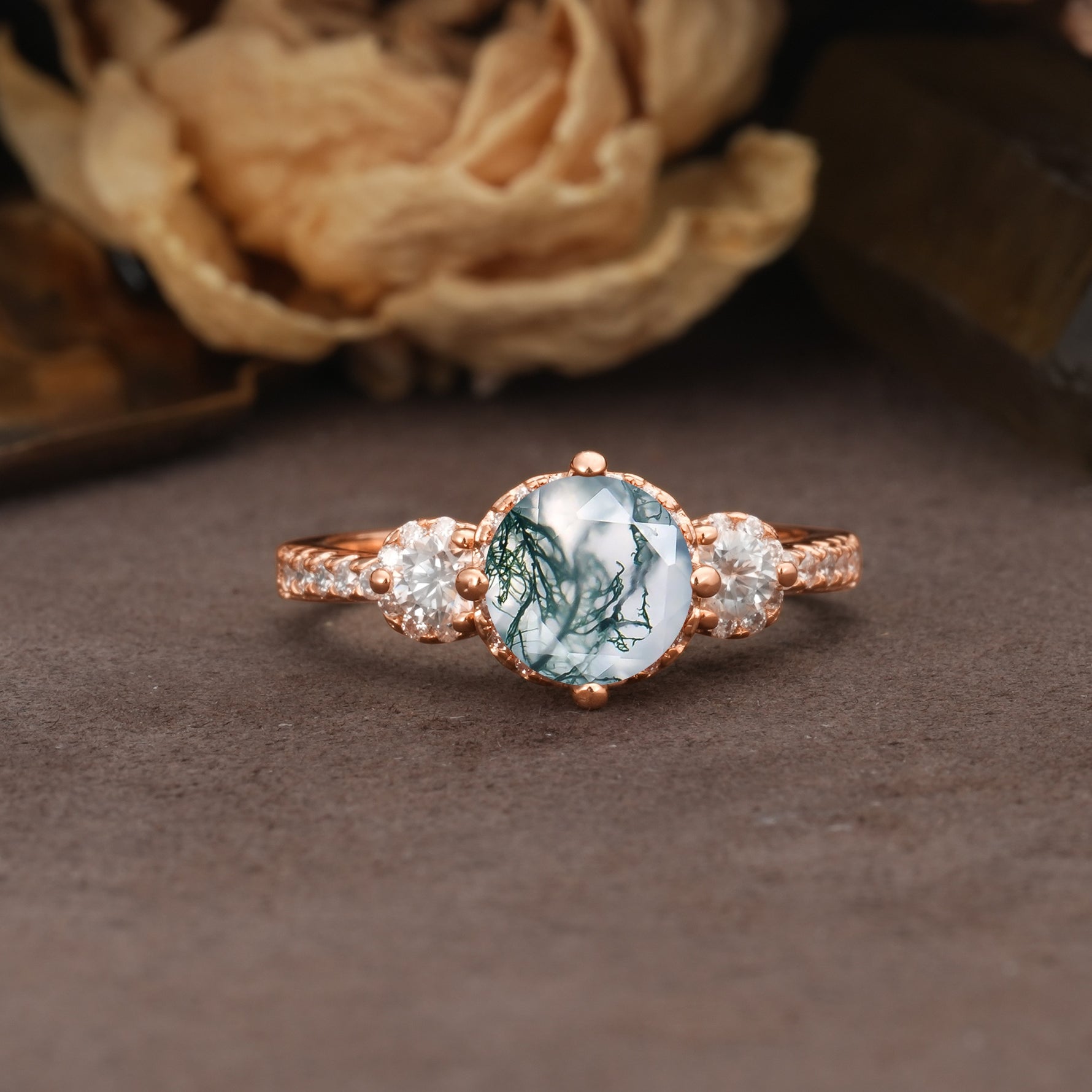 Classic Luxury 4-Prong Round Cut Moss Agate Three Stones Wedding Ring - Additional view