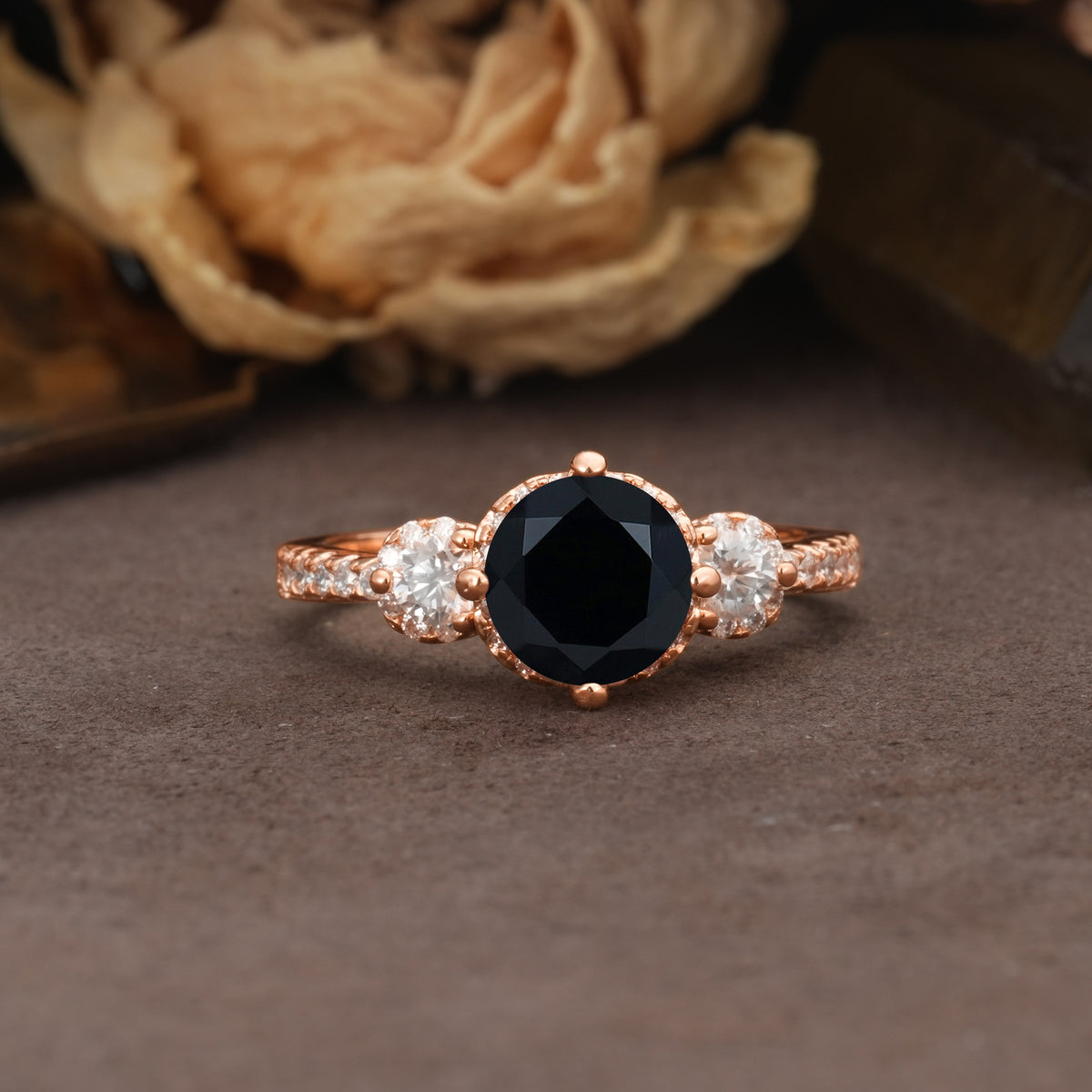 Classic Luxury 4-Prong Round Cut Black Onyx Three Stones Wedding Ring - Additional view