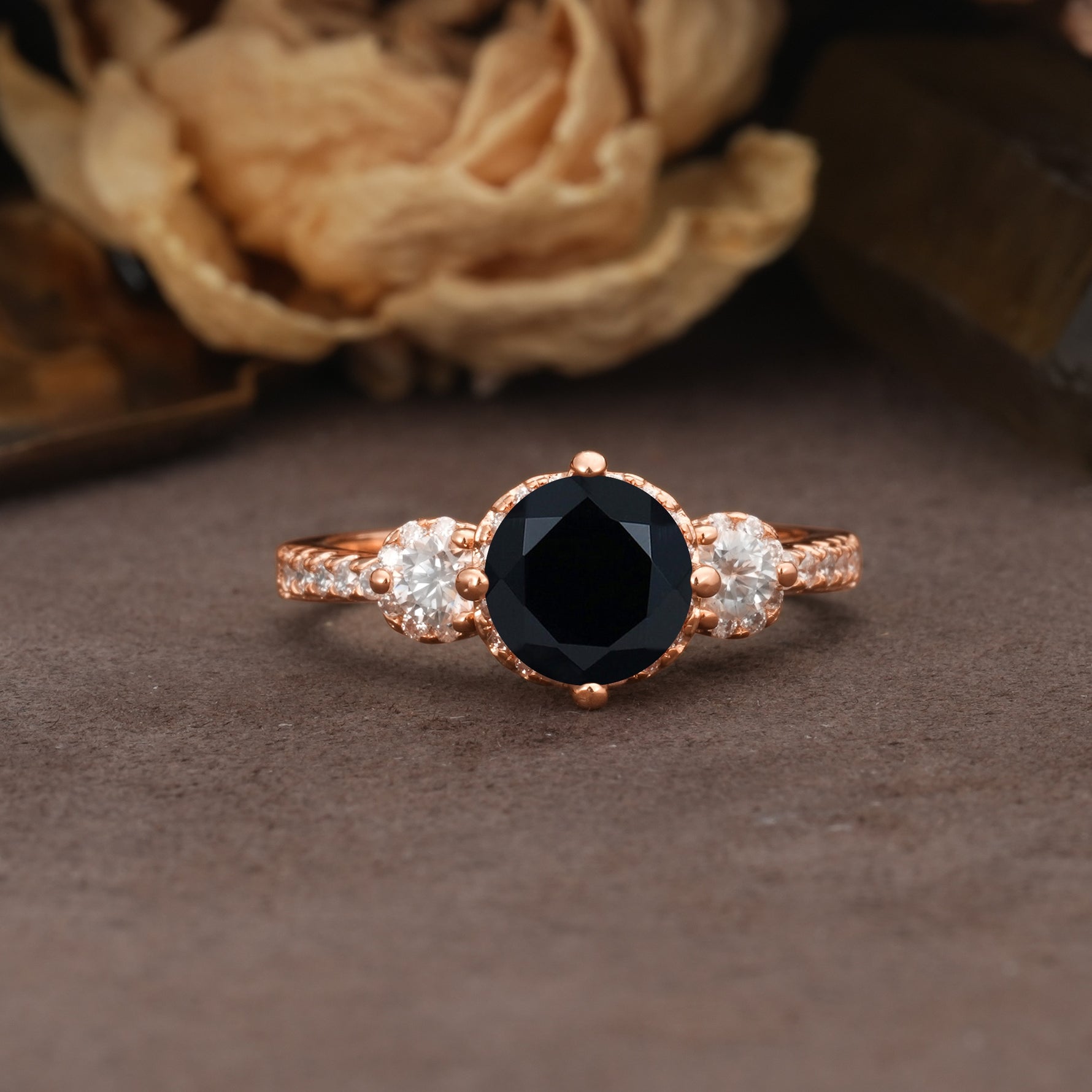 Classic Luxury 4-Prong Round Cut Black Onyx Three Stones Wedding Ring - Additional view