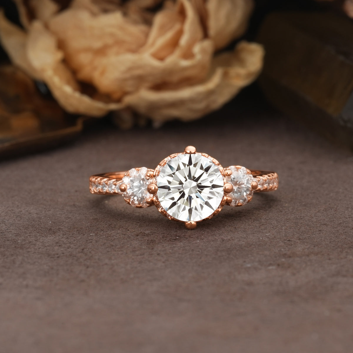 Classic Luxury 4-Prong Round Cut Lab Diamond Three Stones Wedding Ring - Additional view