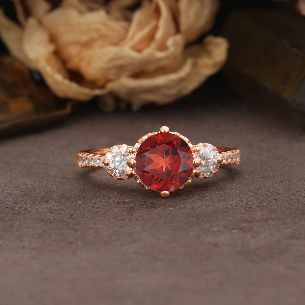 Classic Luxury 4-Prong Round Cut Garnet Three Stones Wedding Ring - Additional view