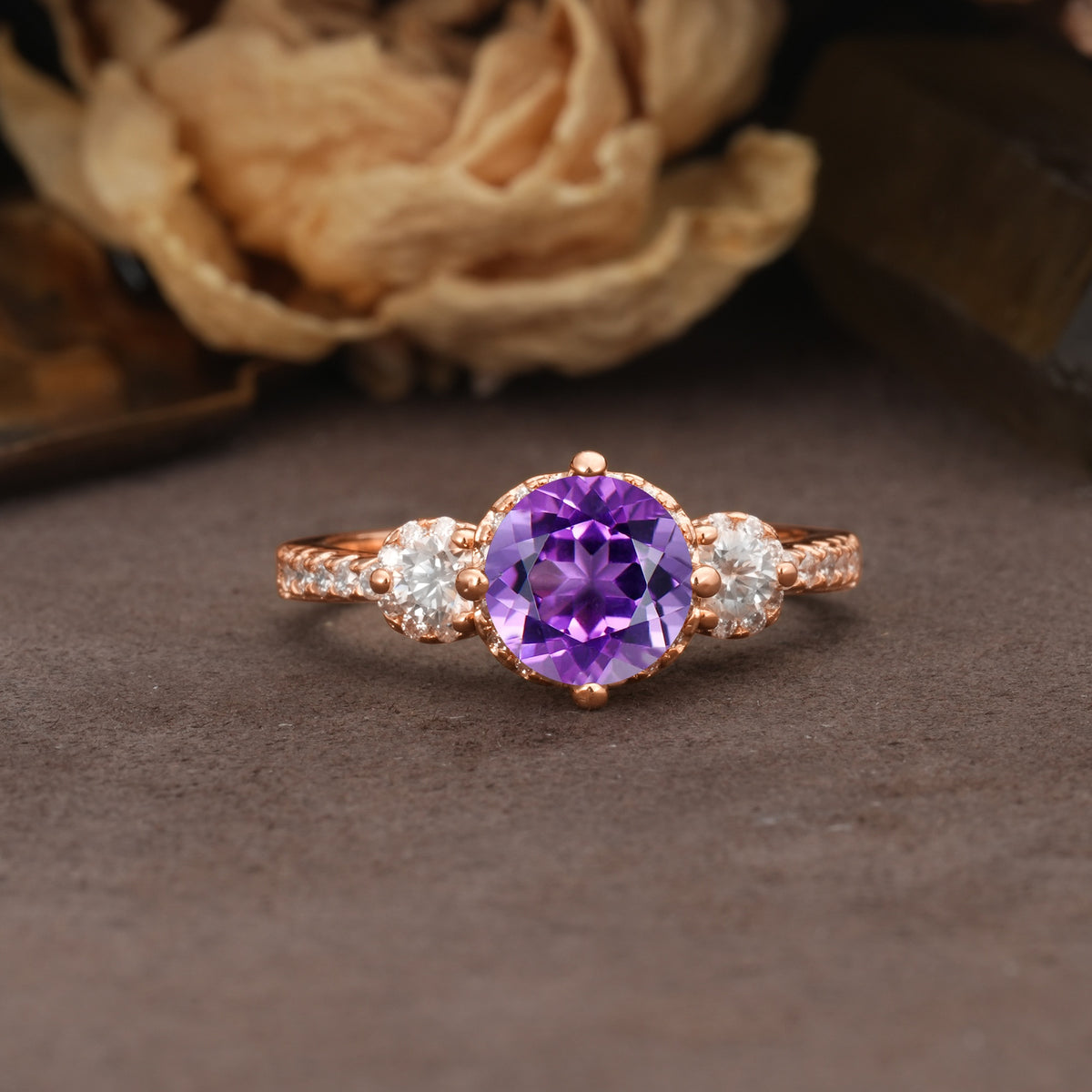 Classic Luxury 4-Prong Round Cut Amethyst Three Stones Wedding Ring - Additional view
