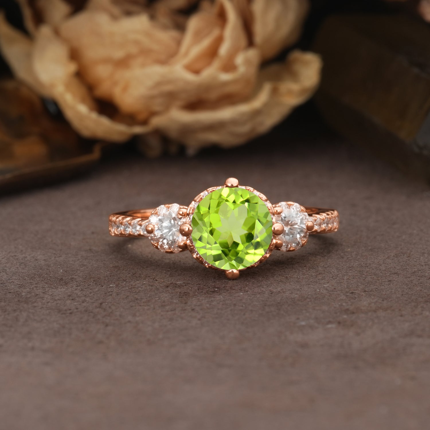 Classic Luxury 4-Prong Round Cut Peridot Three Stones Wedding Ring
