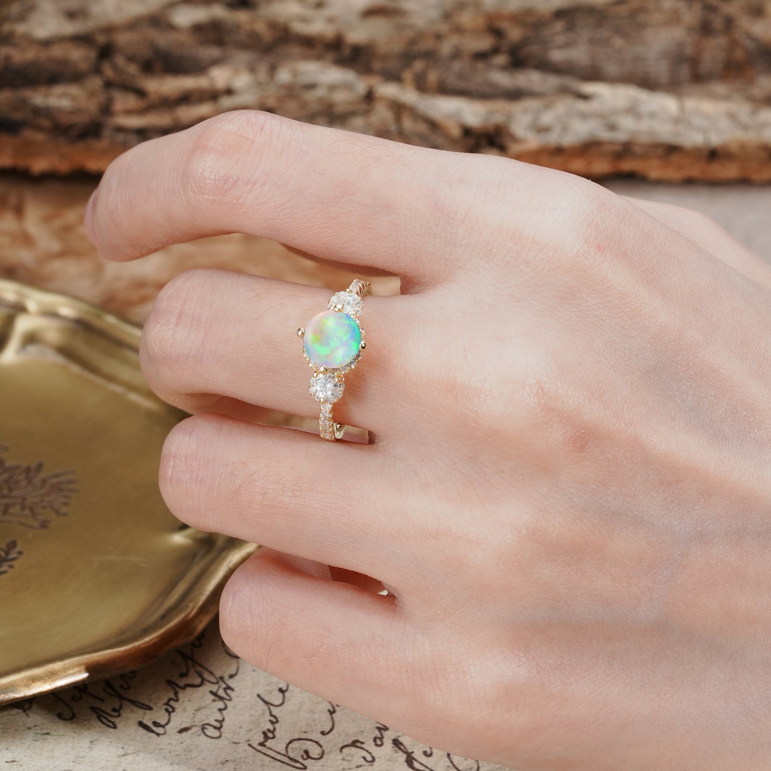 Classic Luxury 4-Prong Round Cut Fire Opal Three Stones Wedding Ring