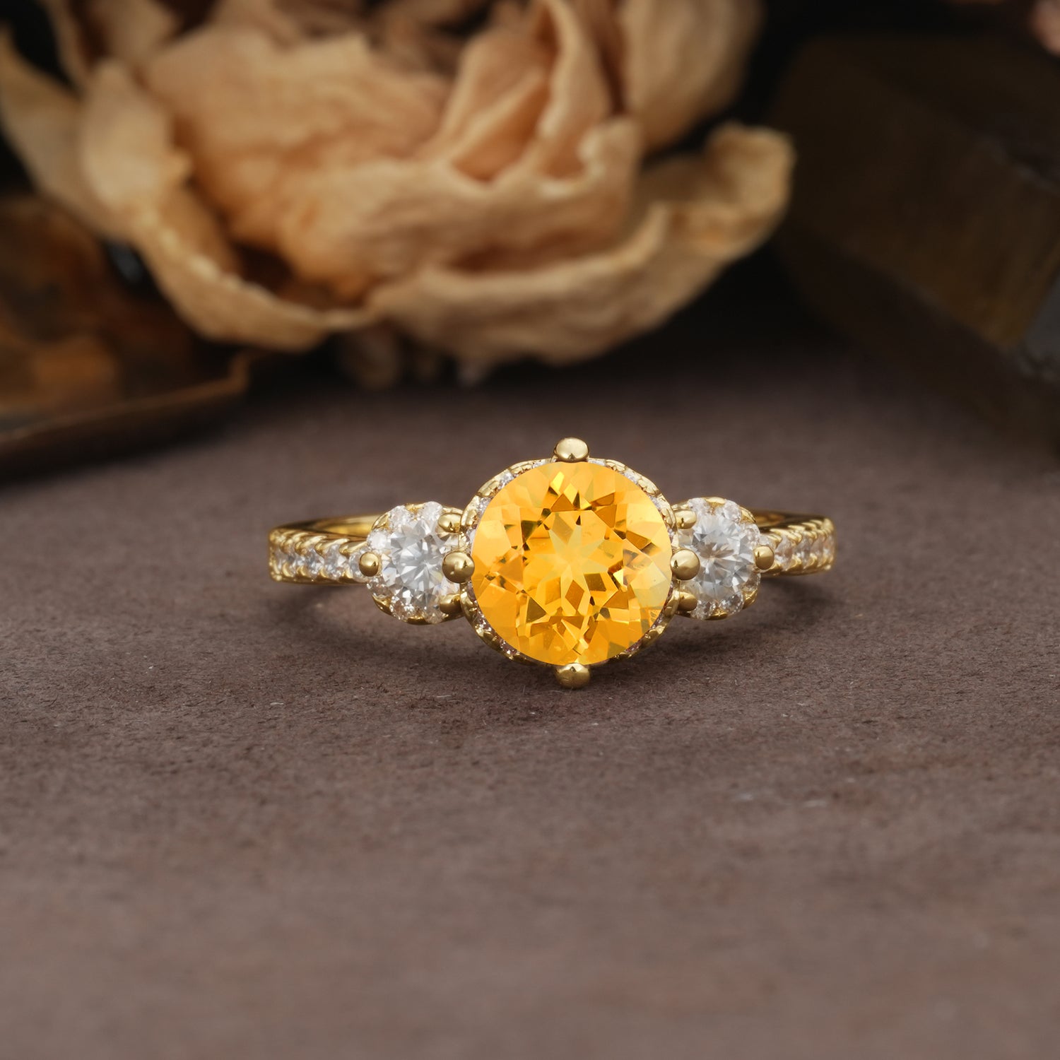 Classic Luxury 4-Prong Round Cut Citrine Three Stones Wedding Ring