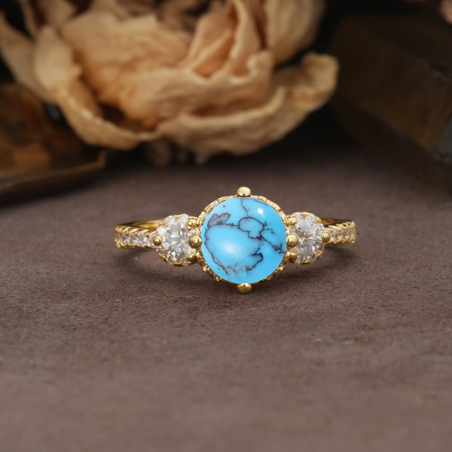 Classic Luxury 4-Prong Round Cut Turquoise Three Stones Wedding Ring