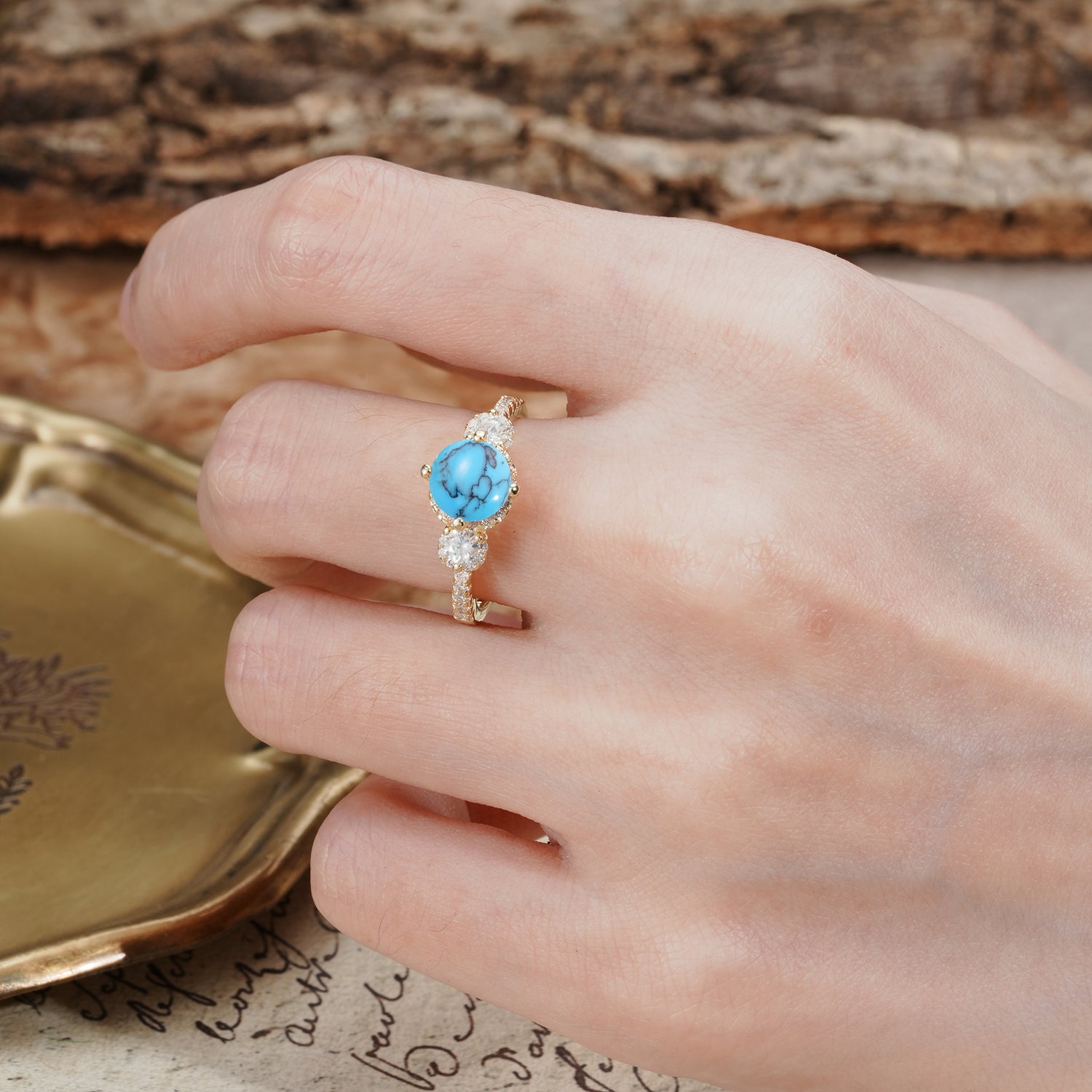 Classic Luxury 4-Prong Round Cut Turquoise Three Stones Wedding Ring