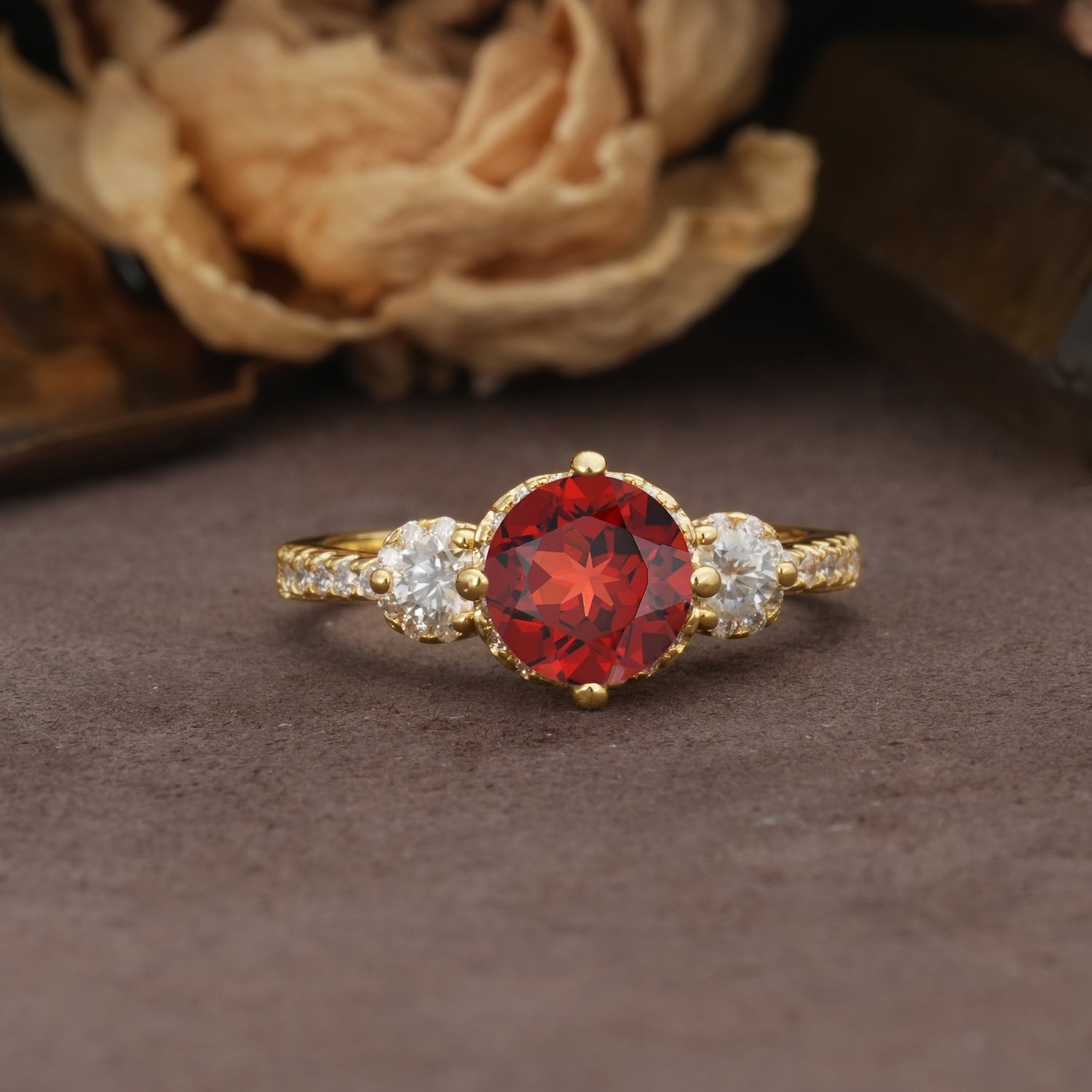 Classic Luxury 4-Prong Round Cut Garnet Three Stones Wedding Ring