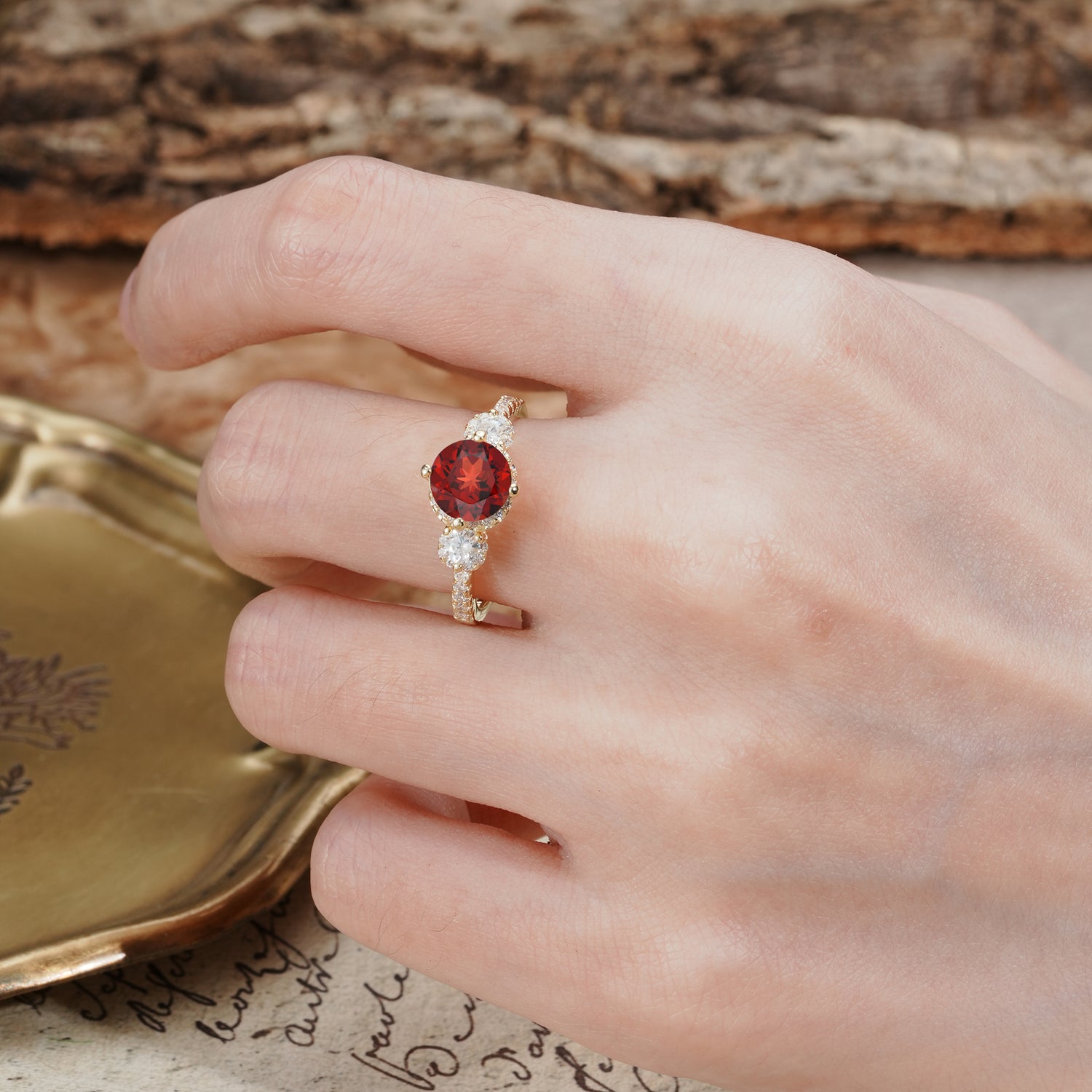 Classic Luxury 4-Prong Round Cut Garnet Three Stones Wedding Ring