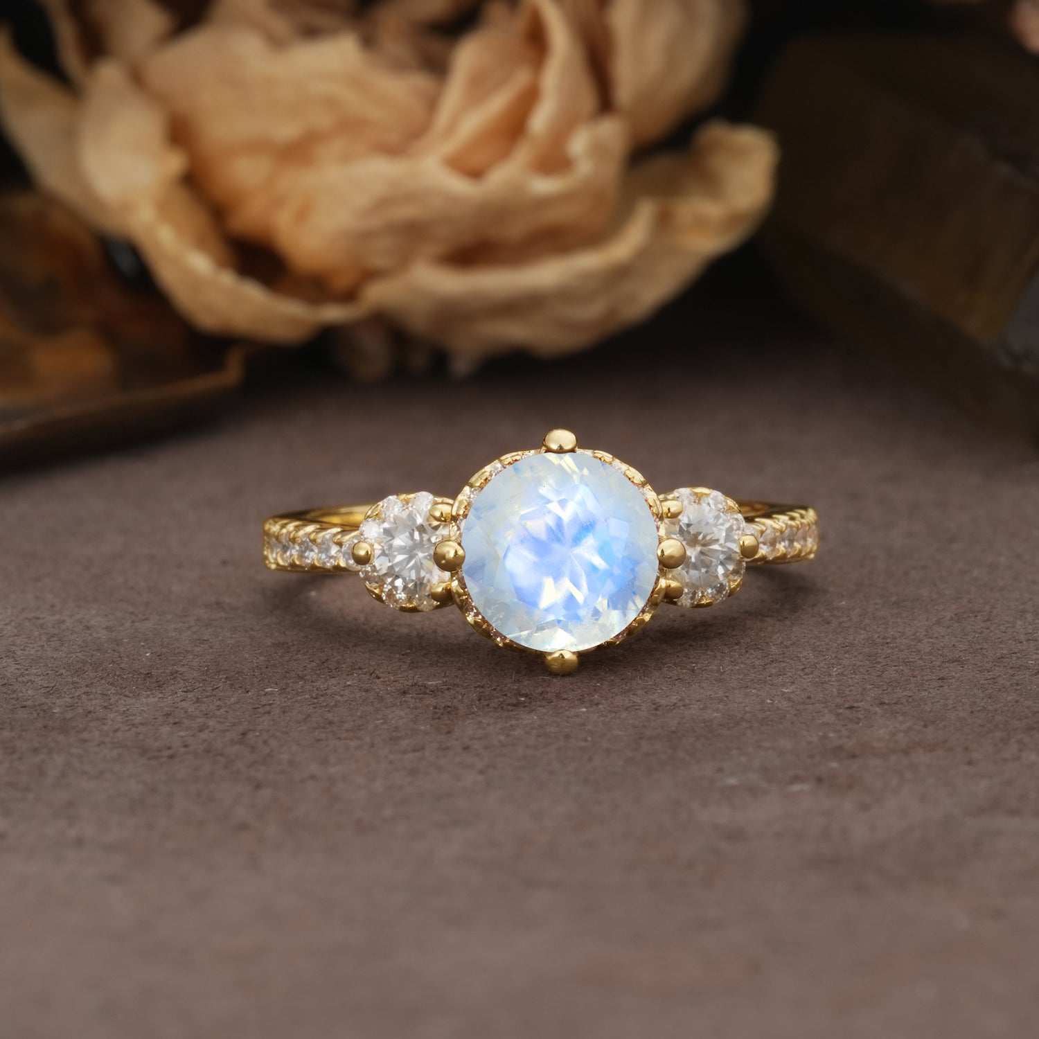 Classic Luxury 4-Prong Round Cut Moonstone Three Stones Wedding Ring