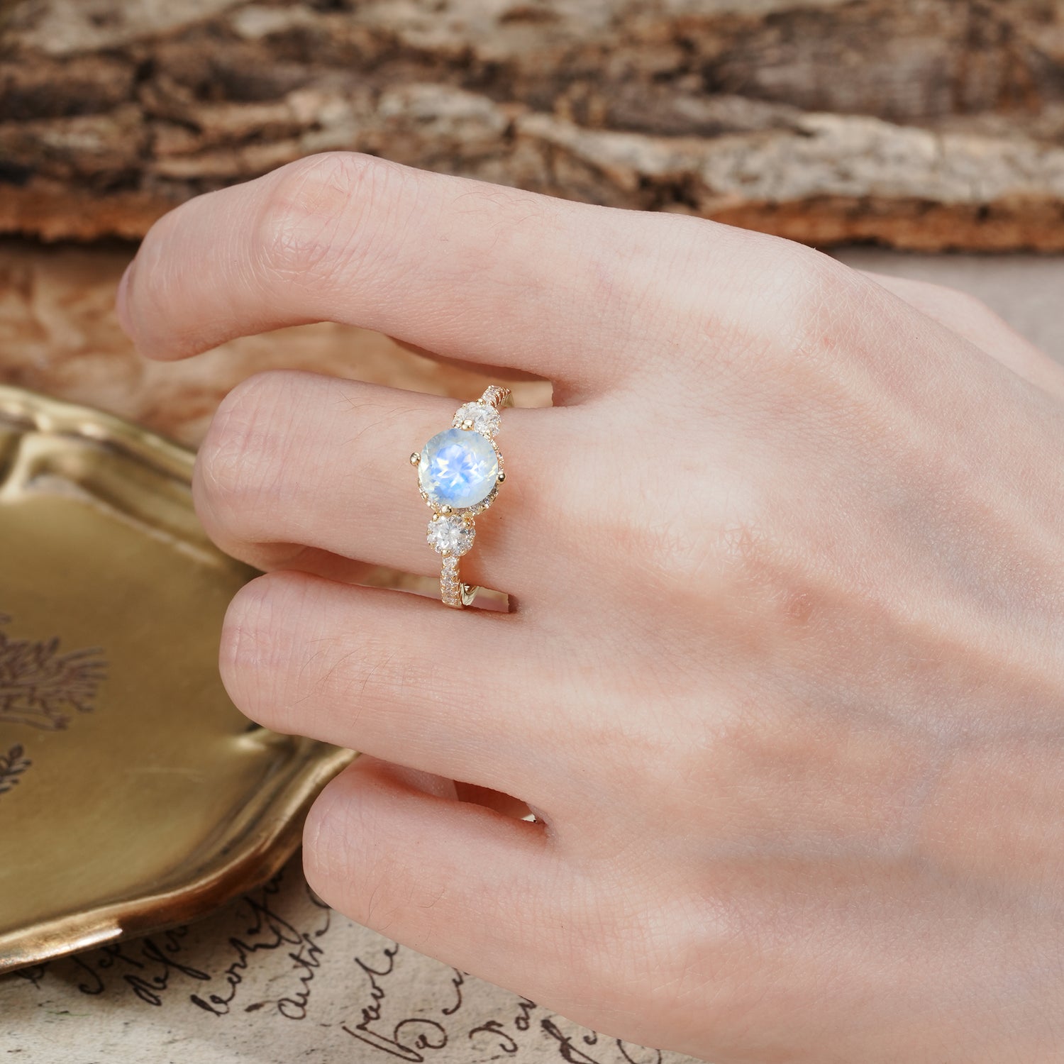 Classic Luxury 4-Prong Round Cut Moonstone Three Stones Wedding Ring