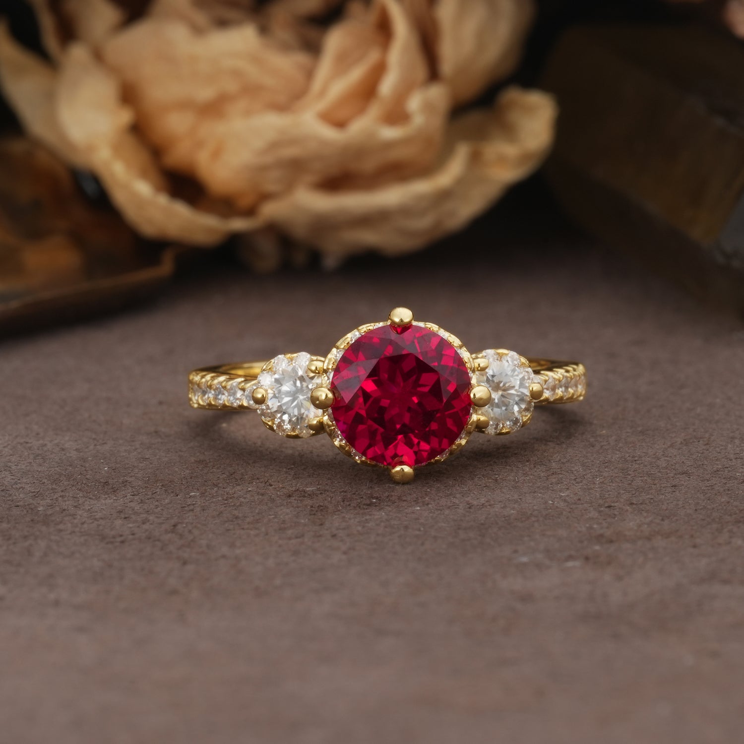Classic Luxury 4-Prong Round Cut Ruby Three Stones Wedding Ring