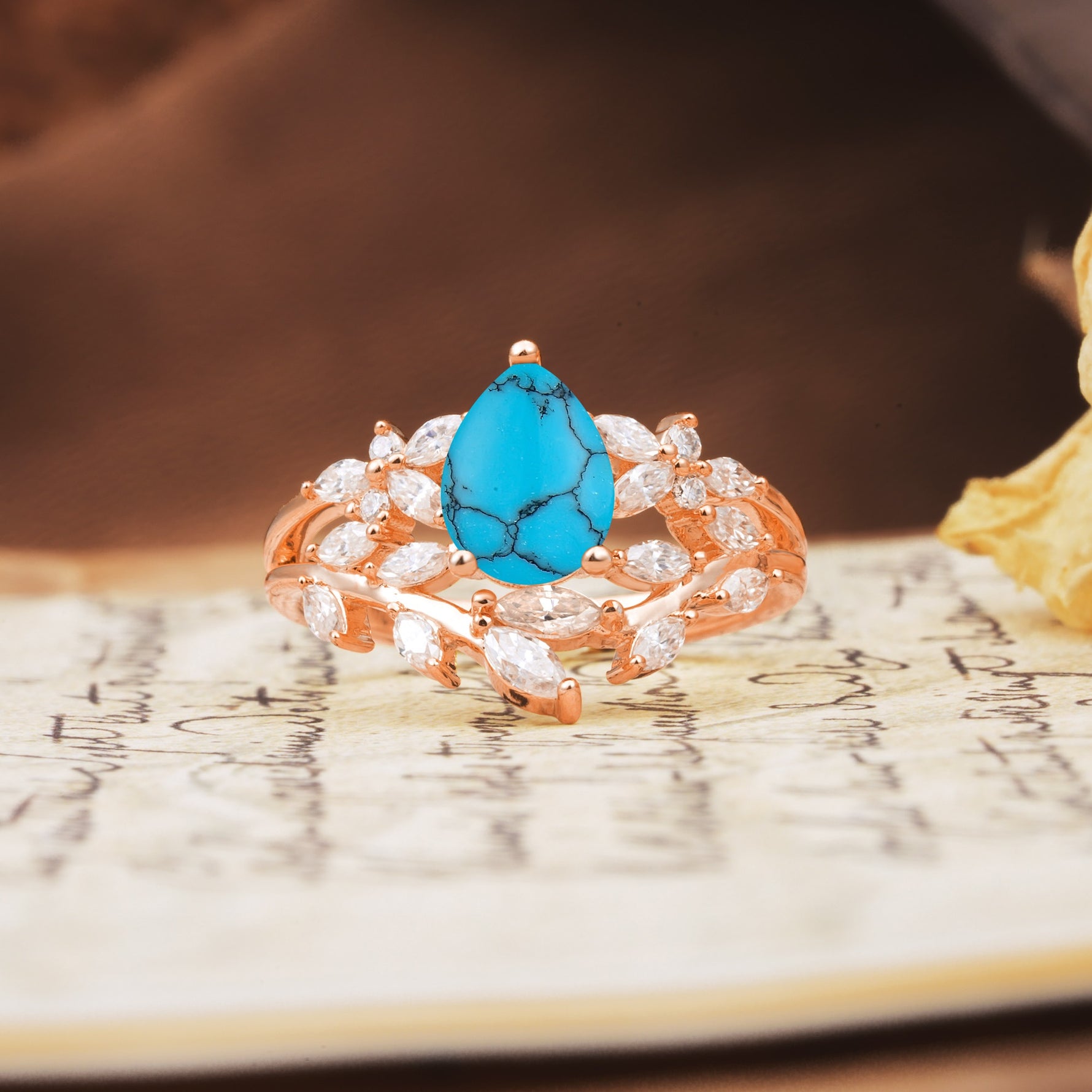 Natural Inspiration Luxury 3-Prong Pear Cut Turquoise Engagement Ring - Additional view