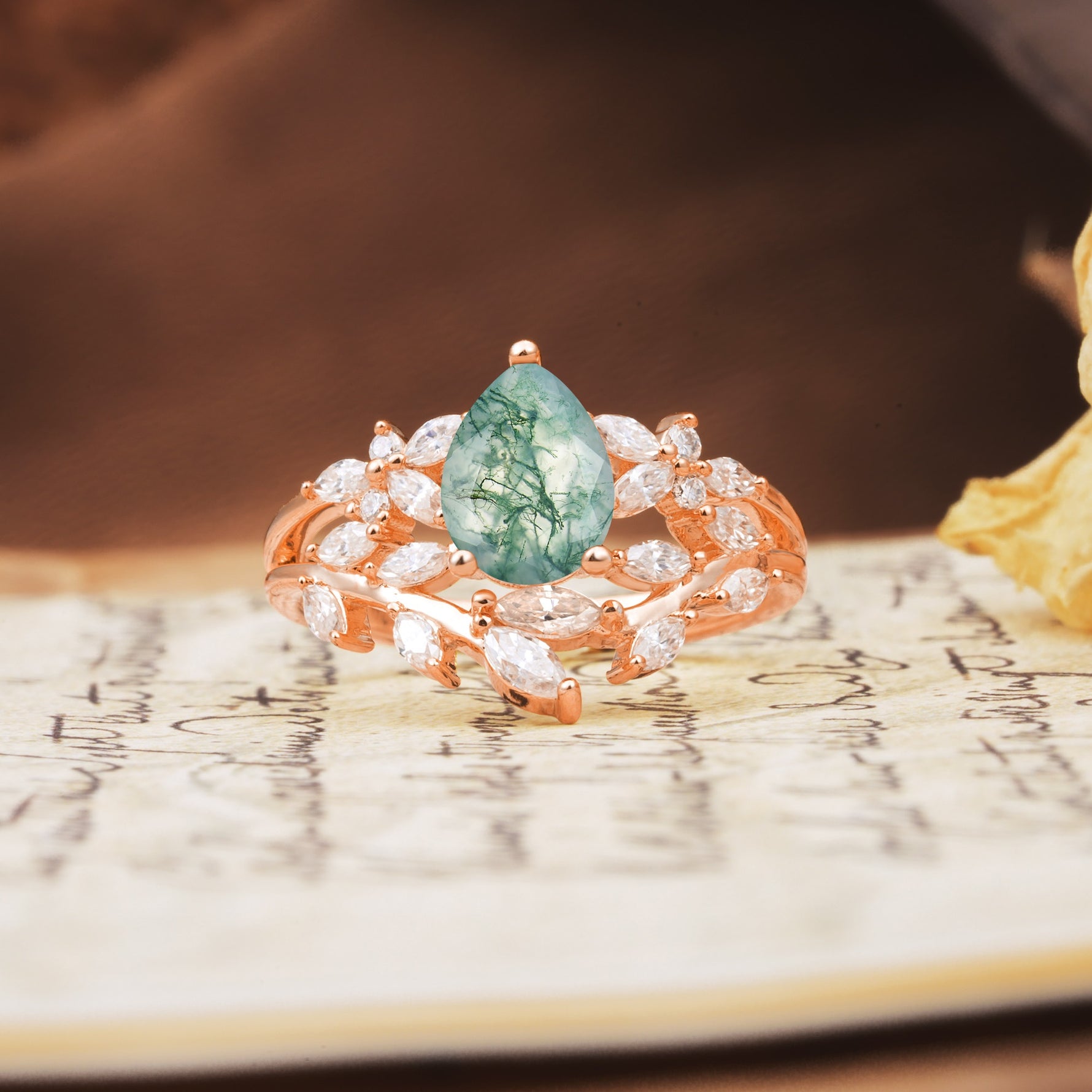 Natural Inspiration Luxury 3-Prong Pear Cut Moss Agate Engagement Ring - Additional view