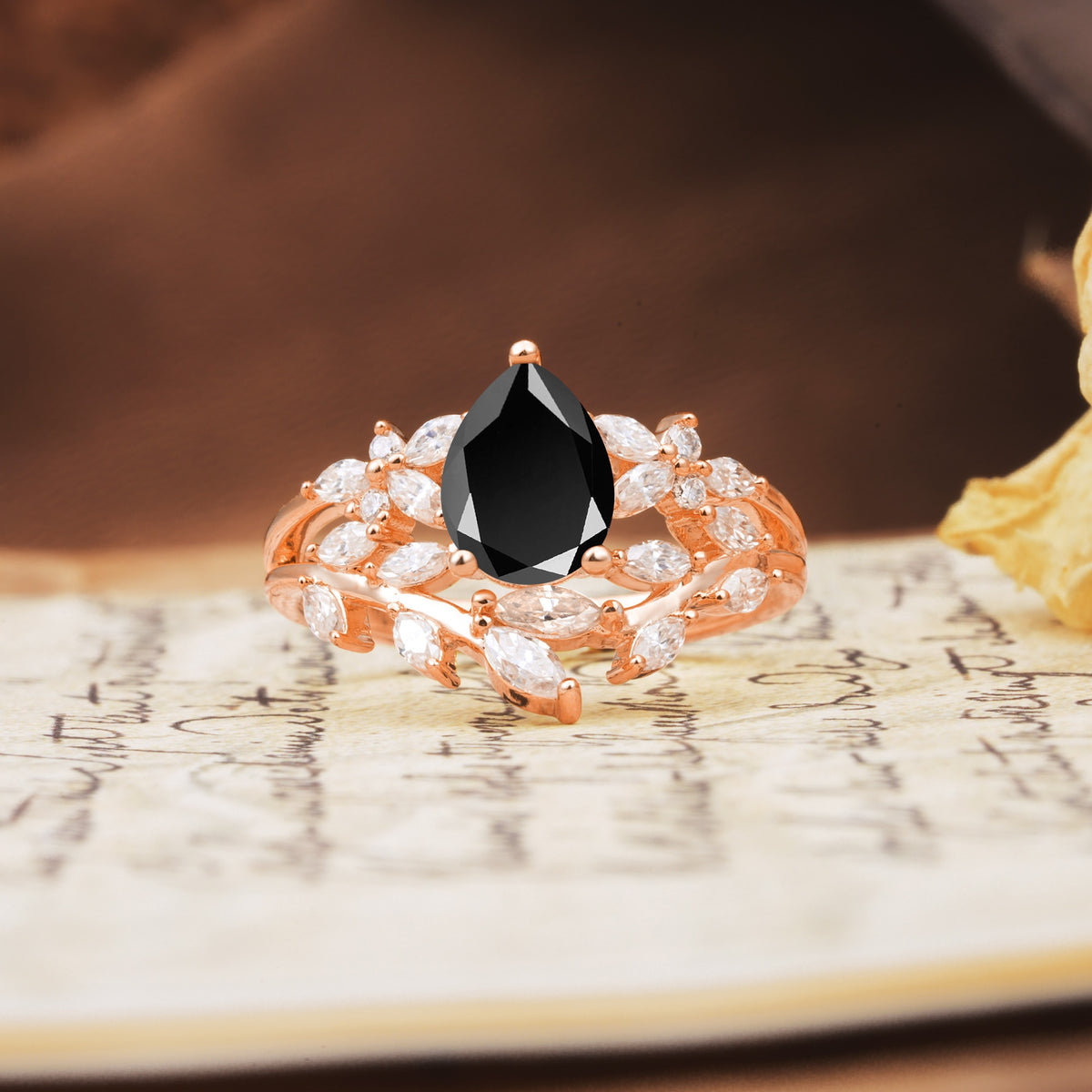 Natural Inspiration Luxury 3-Prong Pear Cut Black Onyx Engagement Ring - Additional view