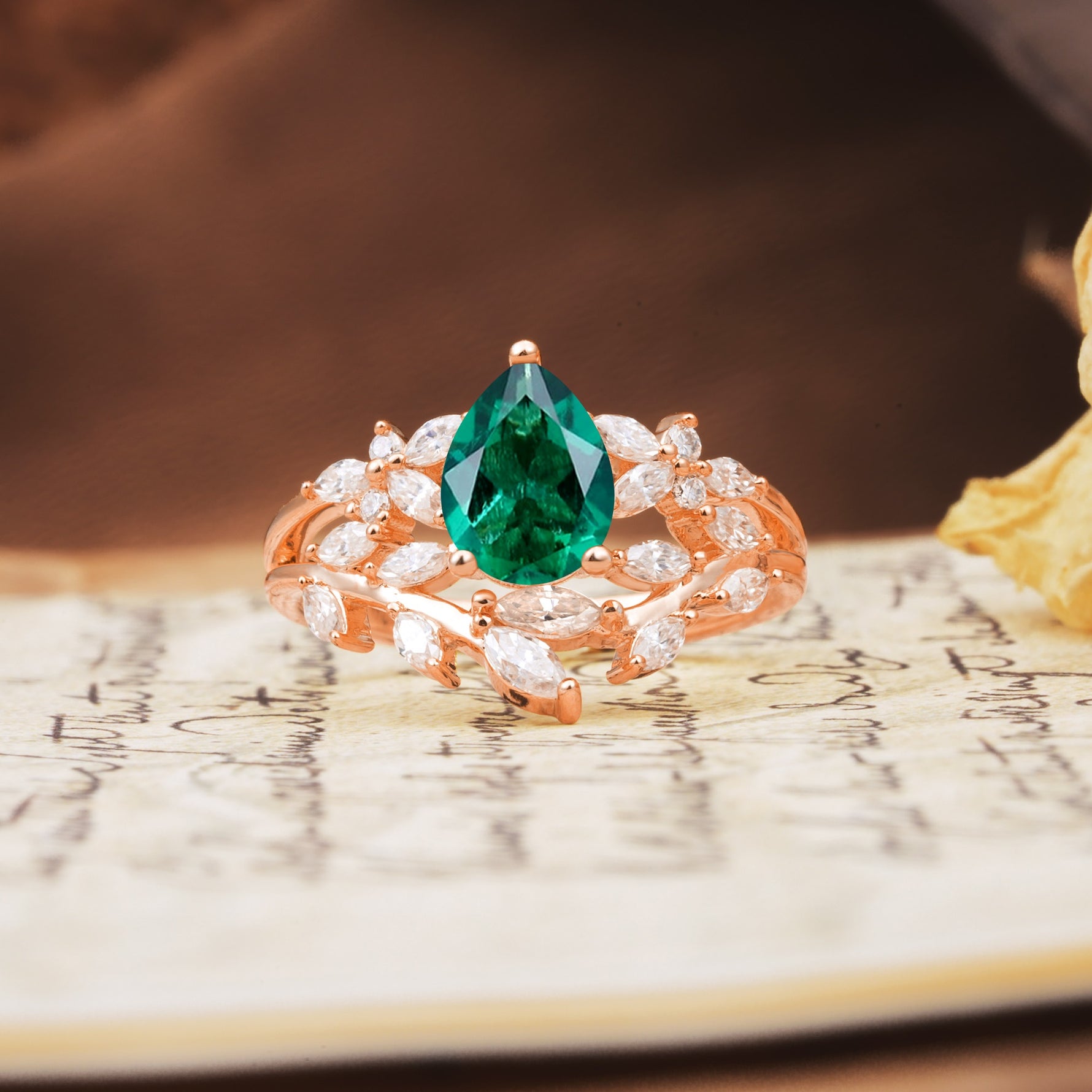 Natural Inspiration Luxury 3-Prong Pear Cut Emerald Engagement Ring - Additional view