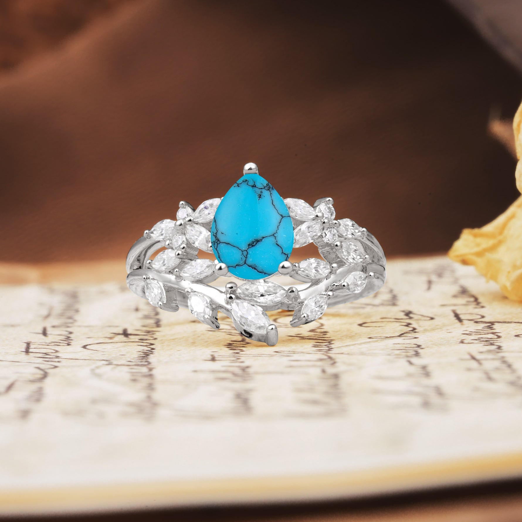 Natural Inspiration Luxury 3-Prong Pear Cut Turquoise Engagement Ring - Additional view