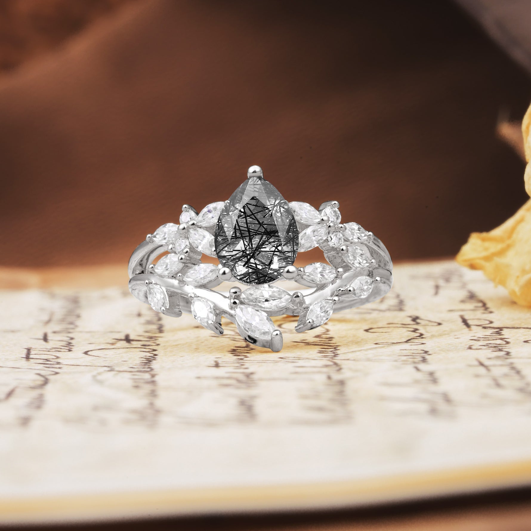 Natural Inspiration Luxury 3-Prong Pear Cut Black Rutilated Quartz Engagement Ring - Additional view