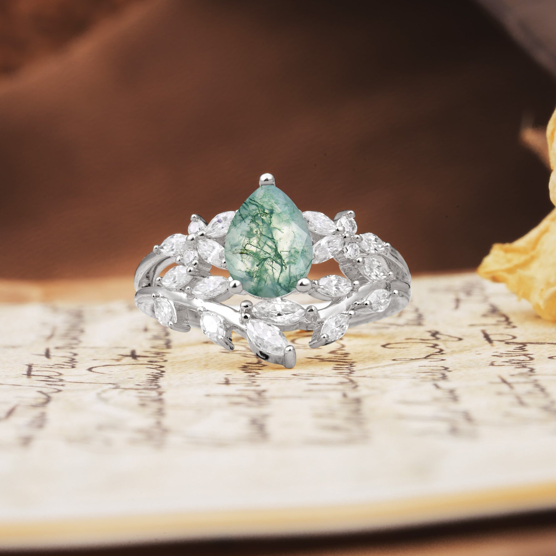 Natural Inspiration Luxury 3-Prong Pear Cut Moss Agate Engagement Ring - Additional view