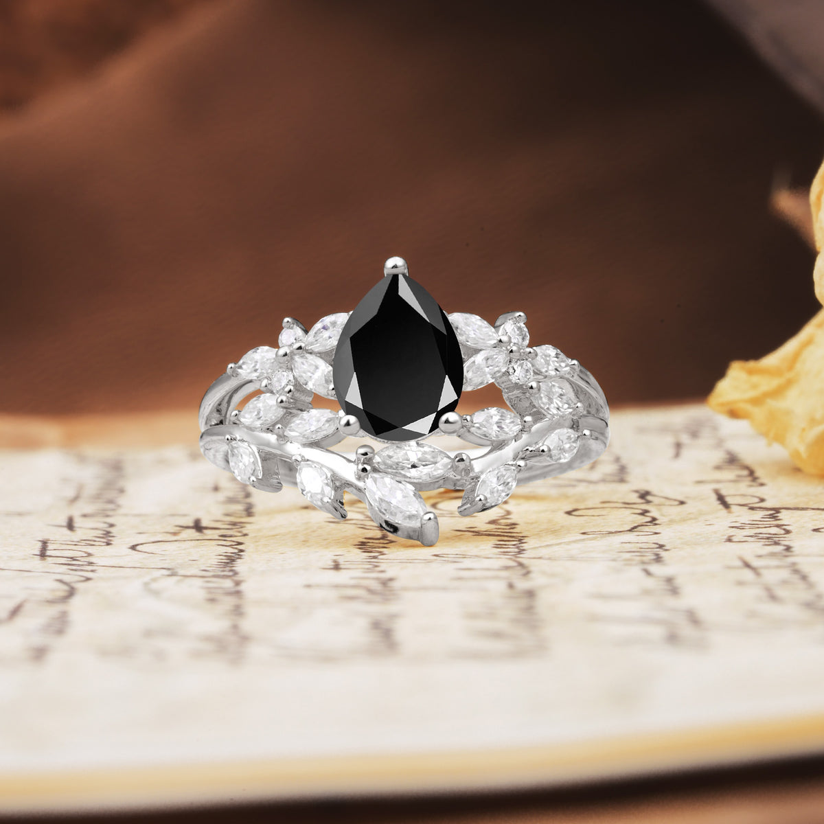 Natural Inspiration Luxury 3-Prong Pear Cut Black Onyx Engagement Ring - Additional view