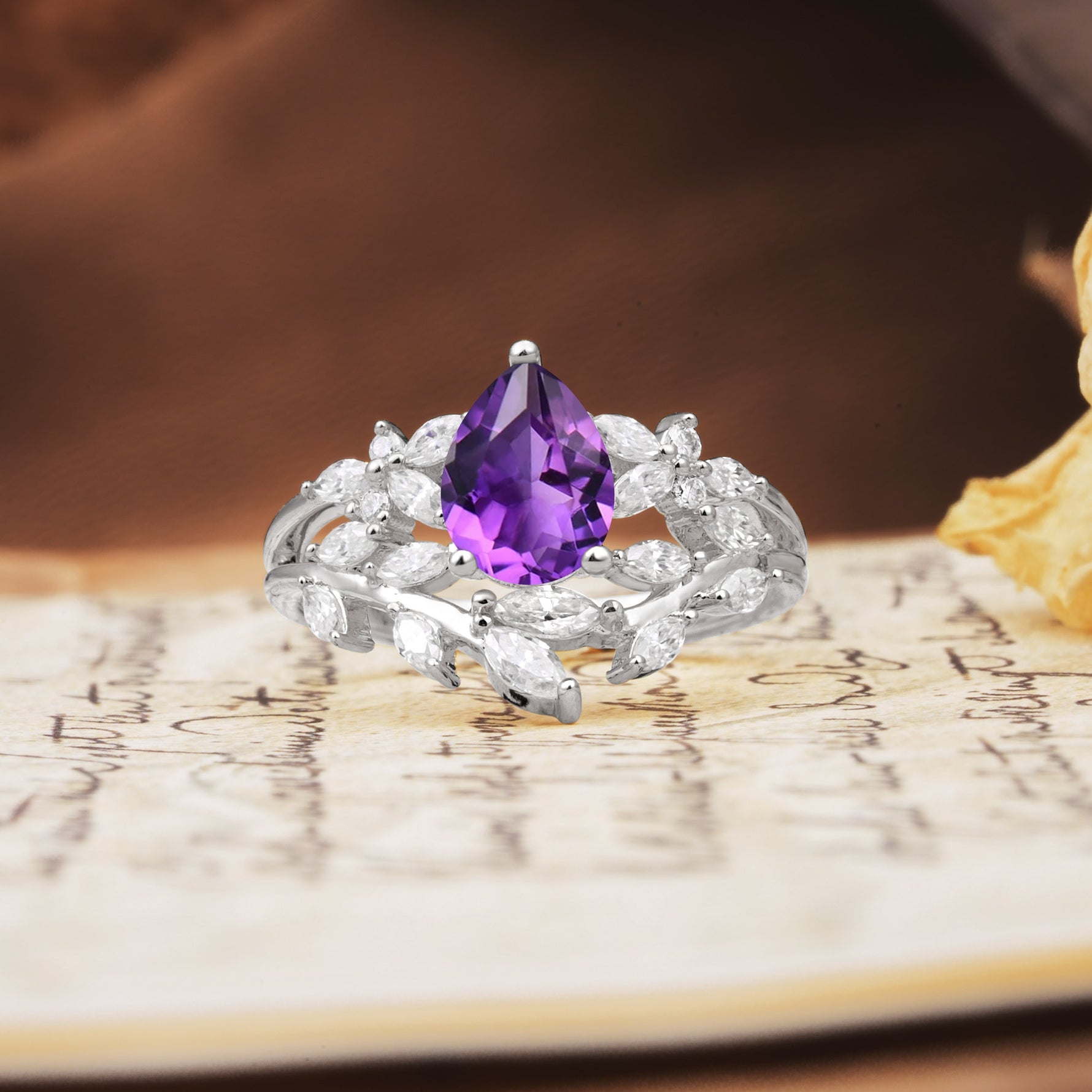 Natural Inspiration Luxury 3-Prong Pear Cut Amethyst Engagement Ring - Additional view
