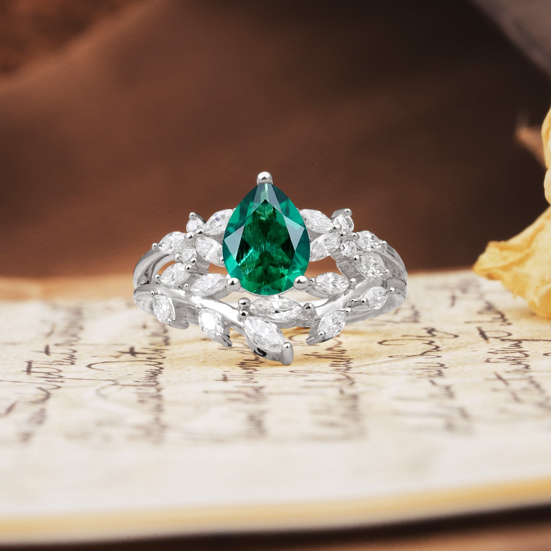 Natural Inspiration Luxury 3-Prong Pear Cut Emerald Engagement Ring - Additional view