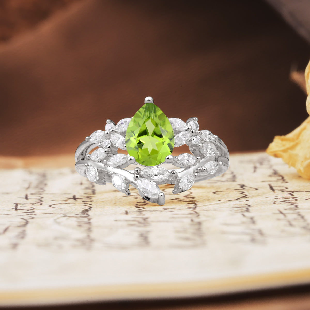 Natural Inspiration Luxury 3-Prong Pear Cut Peridot Engagement Ring - Additional view