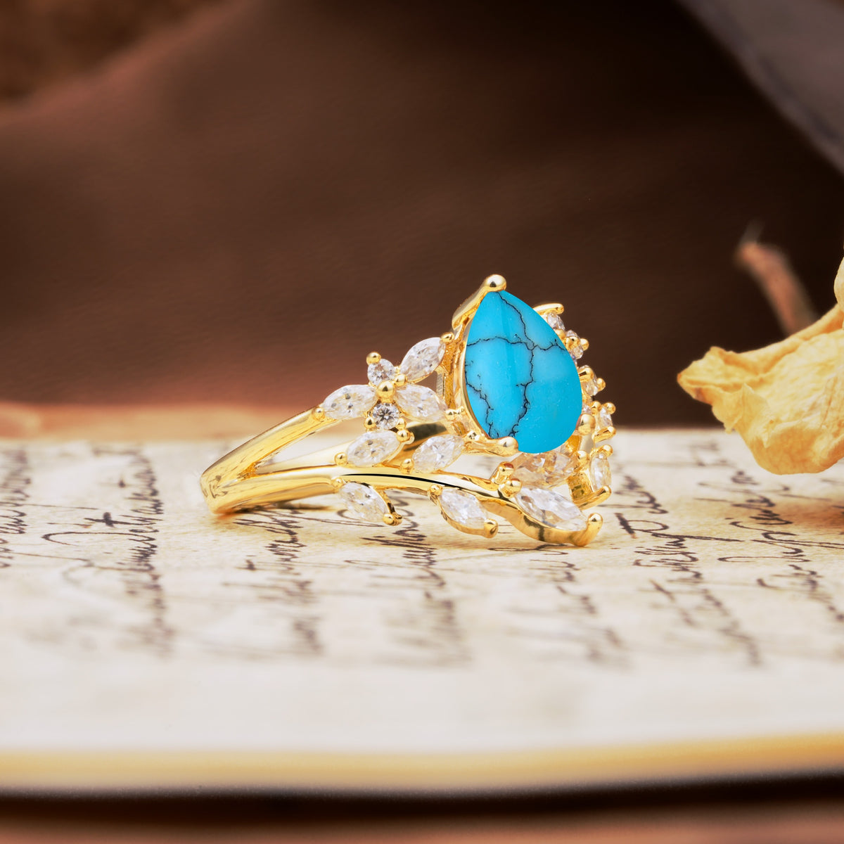 Natural Inspiration Luxury 3-Prong Pear Cut Turquoise Engagement Ring - Additional view