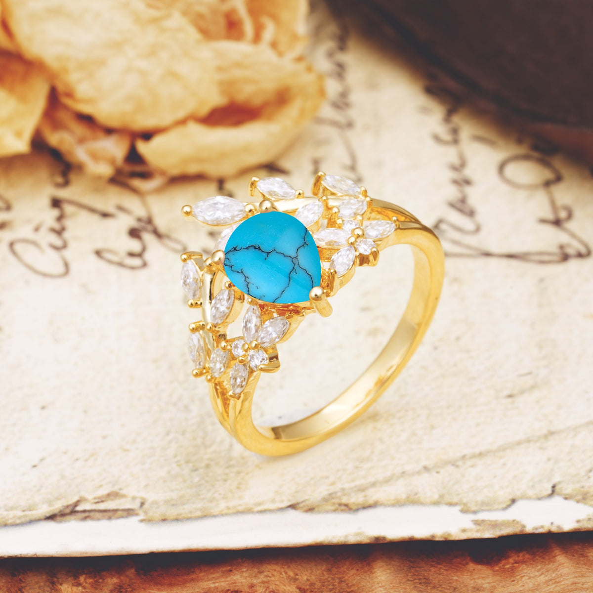 Natural Inspiration Luxury 3-Prong Pear Cut Turquoise Engagement Ring - Additional view