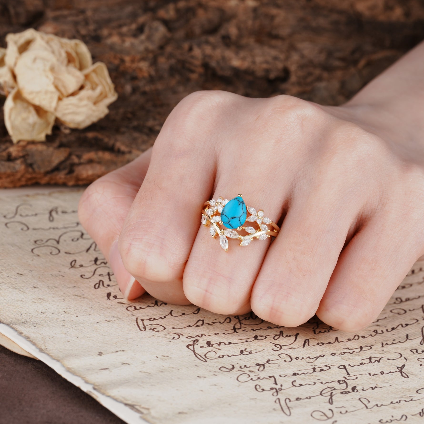 Natural Inspiration Luxury 3-Prong Pear Cut Turquoise Engagement Ring - Additional view