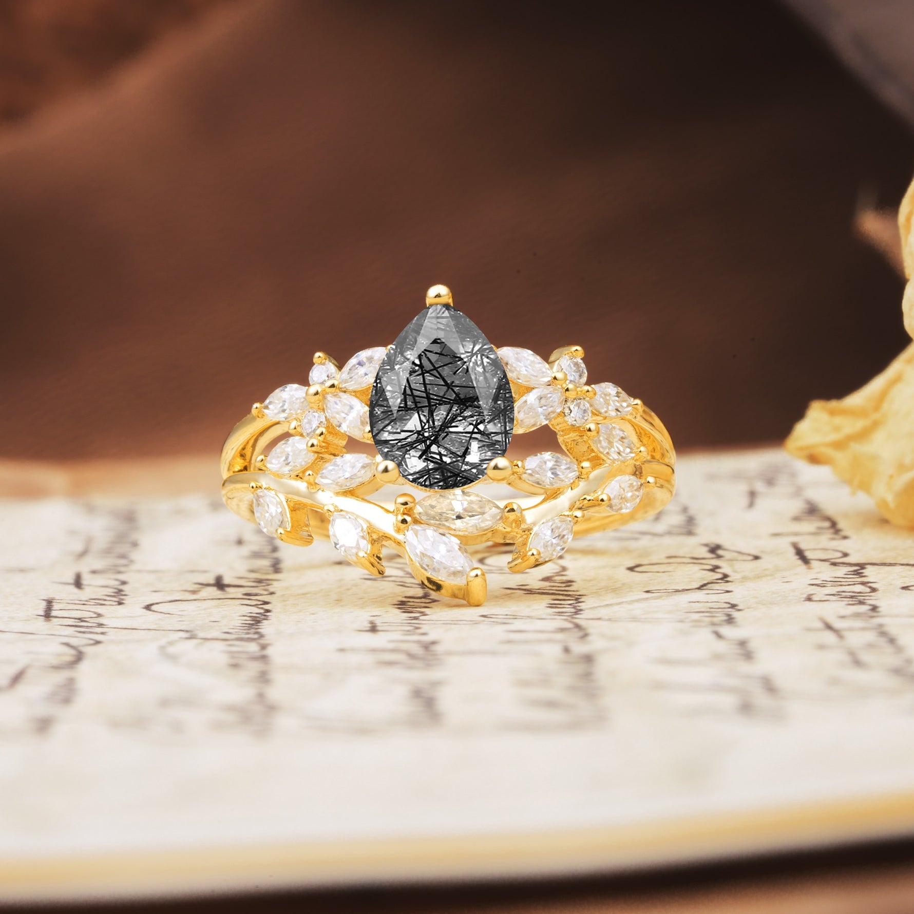 Natural Inspiration Luxury 3-Prong Pear Cut Black Rutilated Quartz Engagement Ring - Additional view