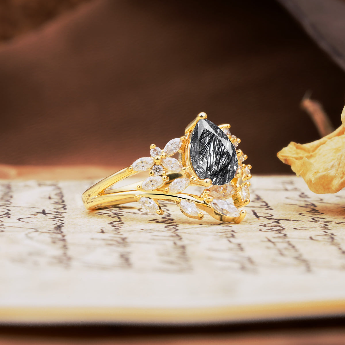 Natural Inspiration Luxury 3-Prong Pear Cut Black Rutilated Quartz Engagement Ring - Additional view