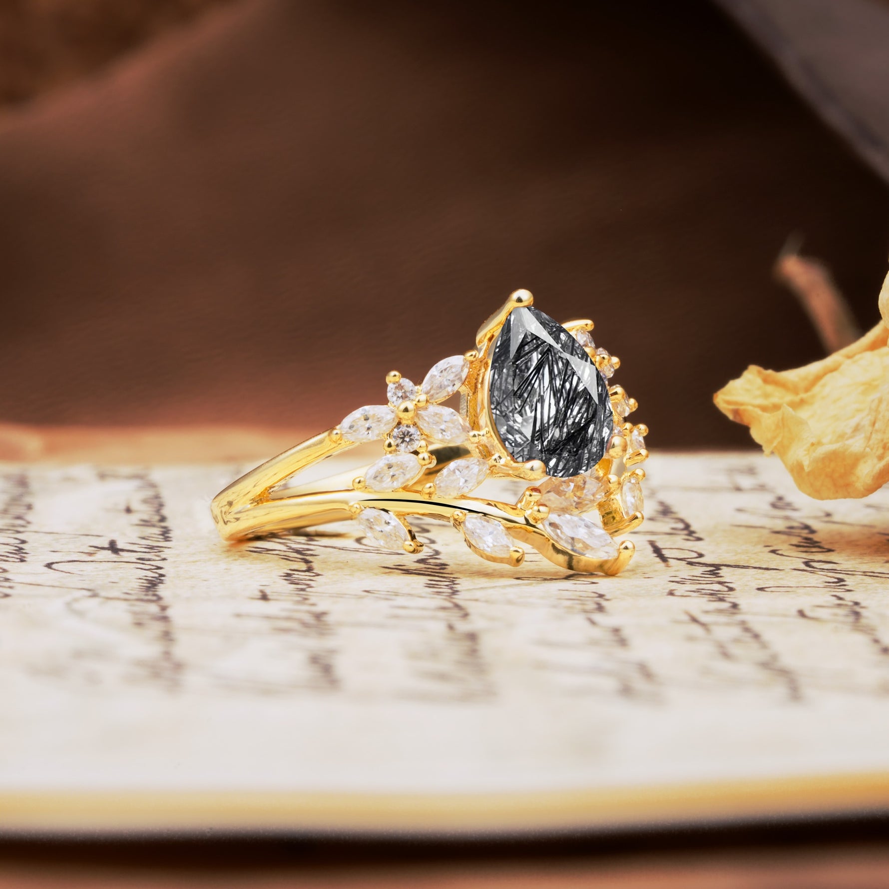 Natural Inspiration Luxury 3-Prong Pear Cut Black Rutilated Quartz Engagement Ring - Additional view