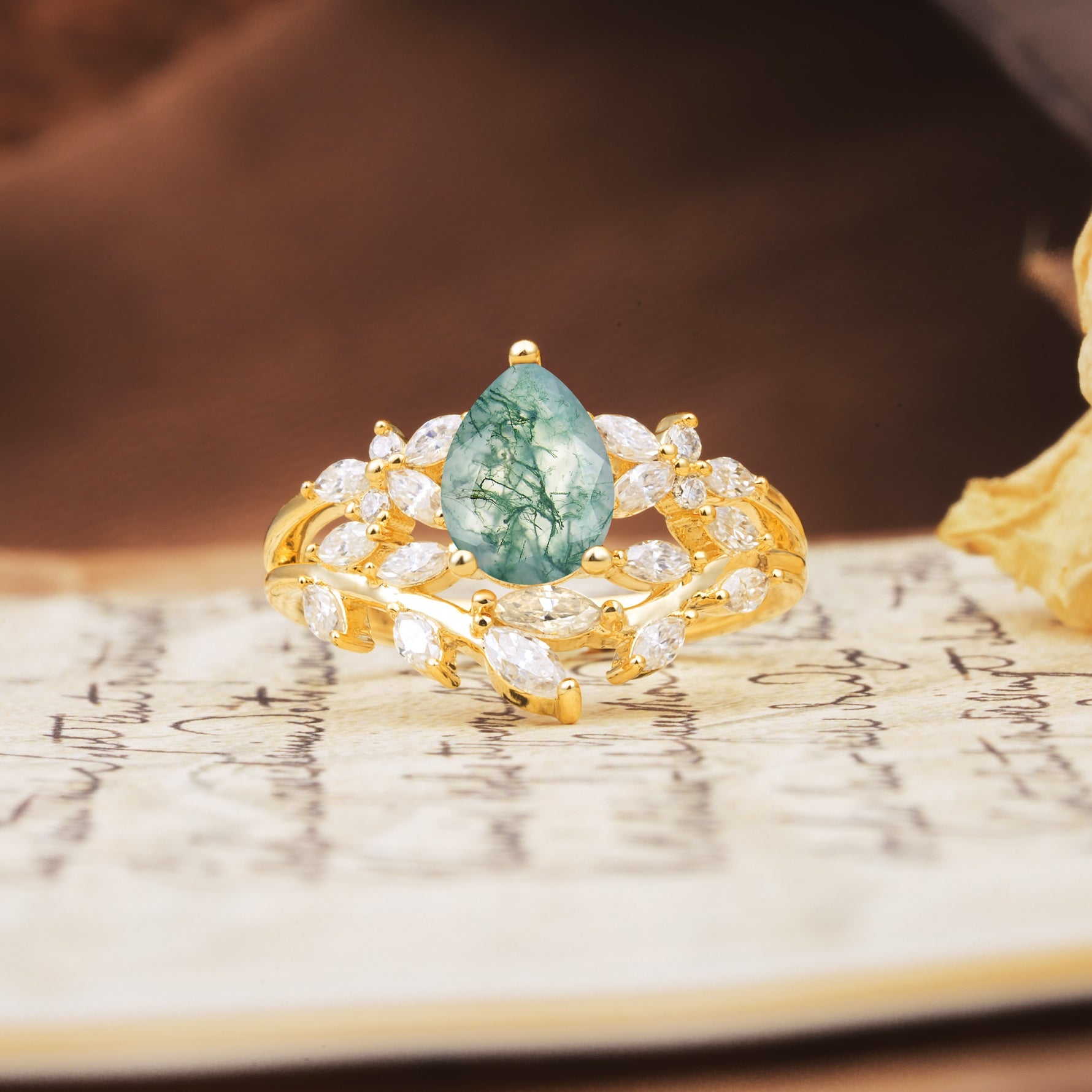 Natural Inspiration Luxury 3-Prong Pear Cut Moss Agate Engagement Ring - Additional view