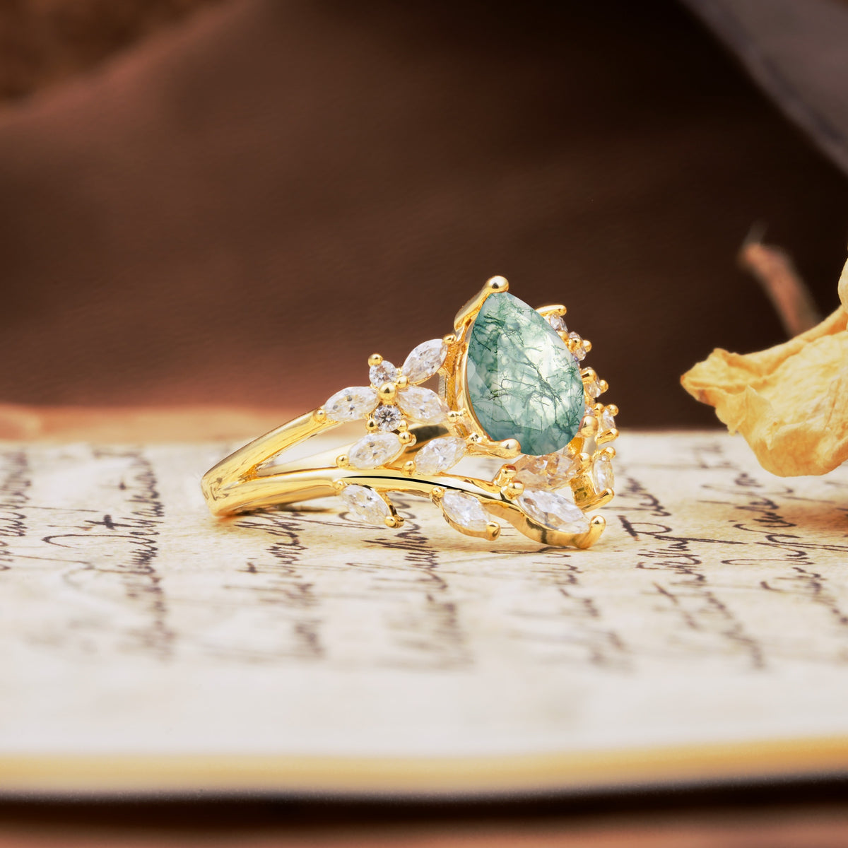 Natural Inspiration Luxury 3-Prong Pear Cut Moss Agate Engagement Ring - Additional view