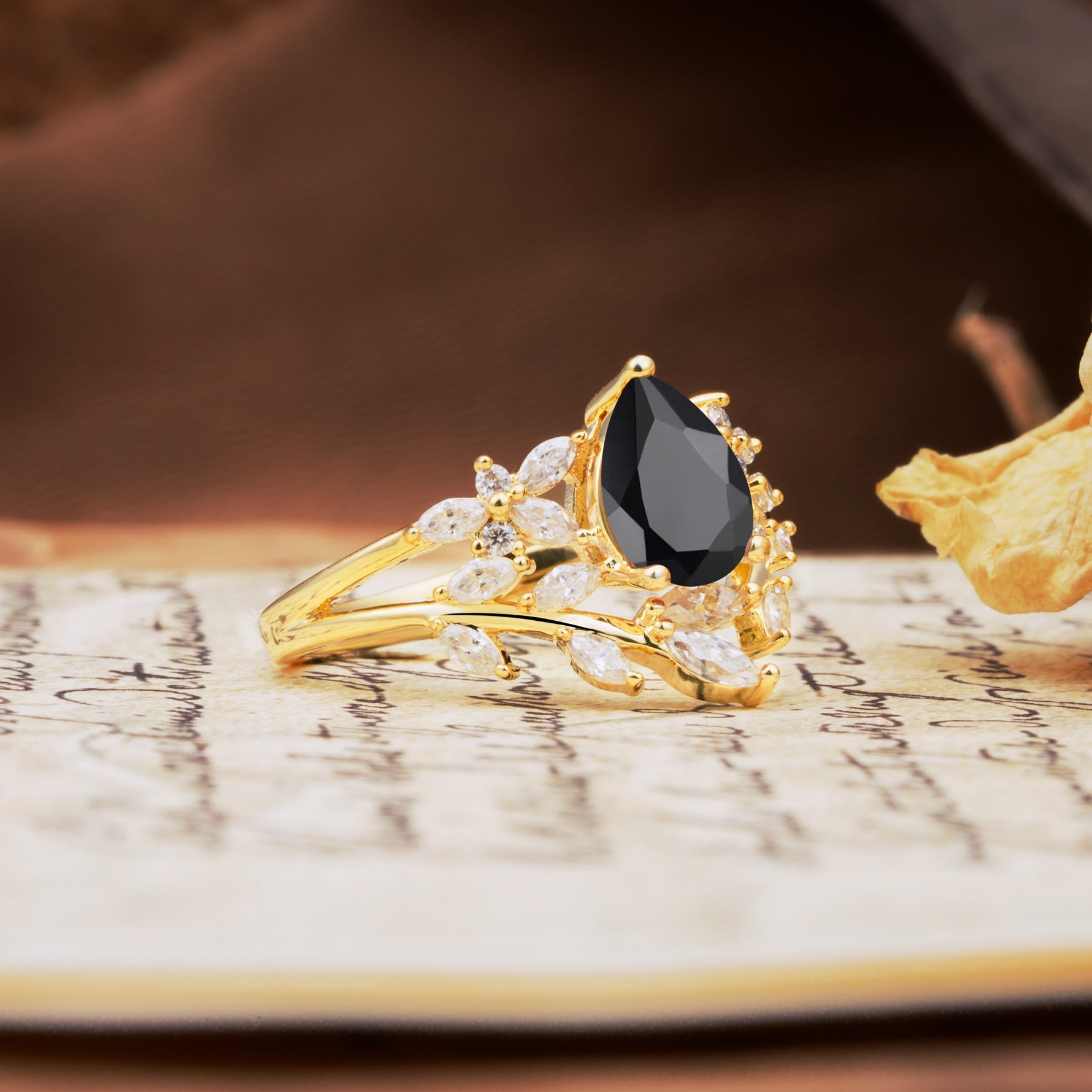 Natural Inspiration Luxury 3-Prong Pear Cut Black Onyx Engagement Ring - Additional view