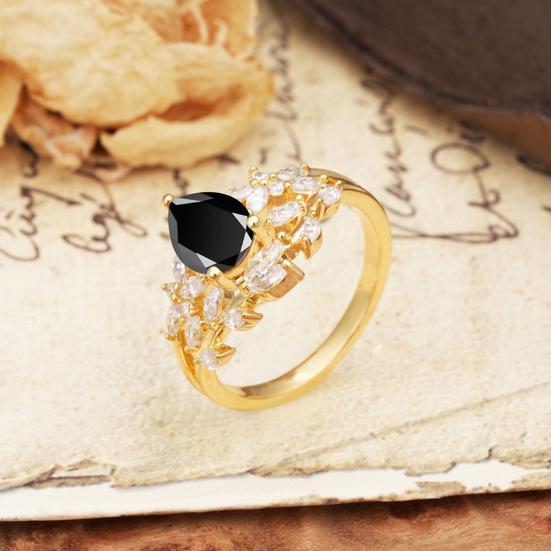 Natural Inspiration Luxury 3-Prong Pear Cut Black Onyx Engagement Ring - Additional view