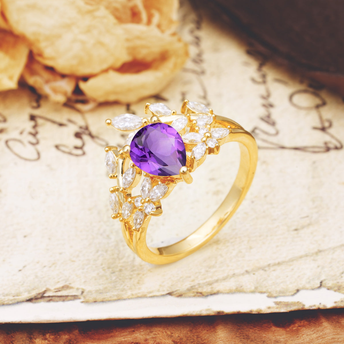 Natural Inspiration Luxury 3-Prong Pear Cut Amethyst Engagement Ring - Additional view