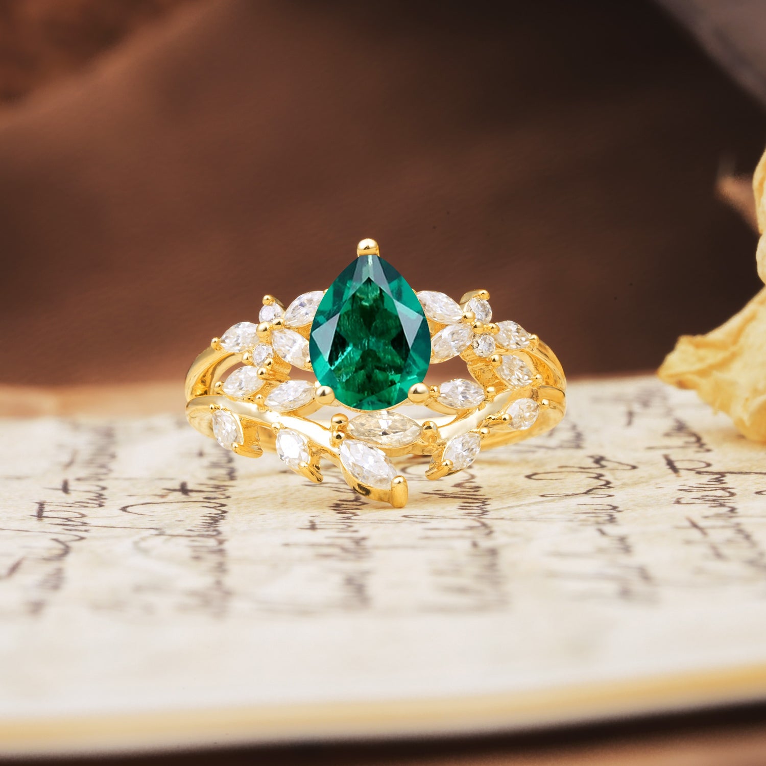 Natural Inspiration Luxury 3-Prong Pear Cut Emerald Engagement Ring - Additional view