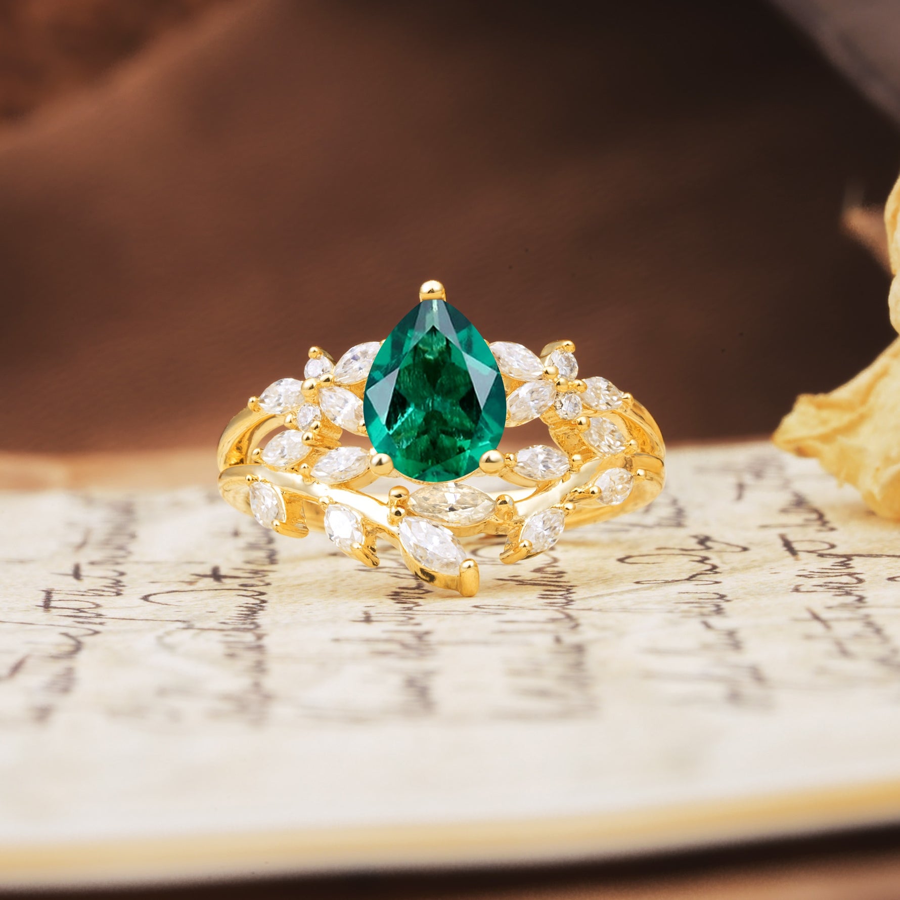 Natural Inspiration Luxury 3-Prong Pear Cut Emerald Engagement Ring - Additional view