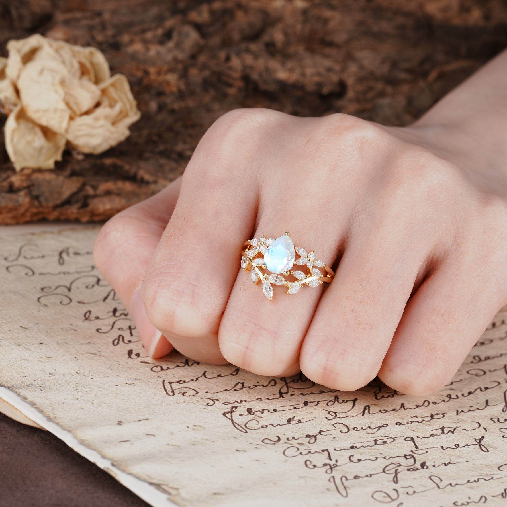 Natural Inspiration Luxury 3-Prong Pear Cut Moonstone Engagement Ring - Additional view