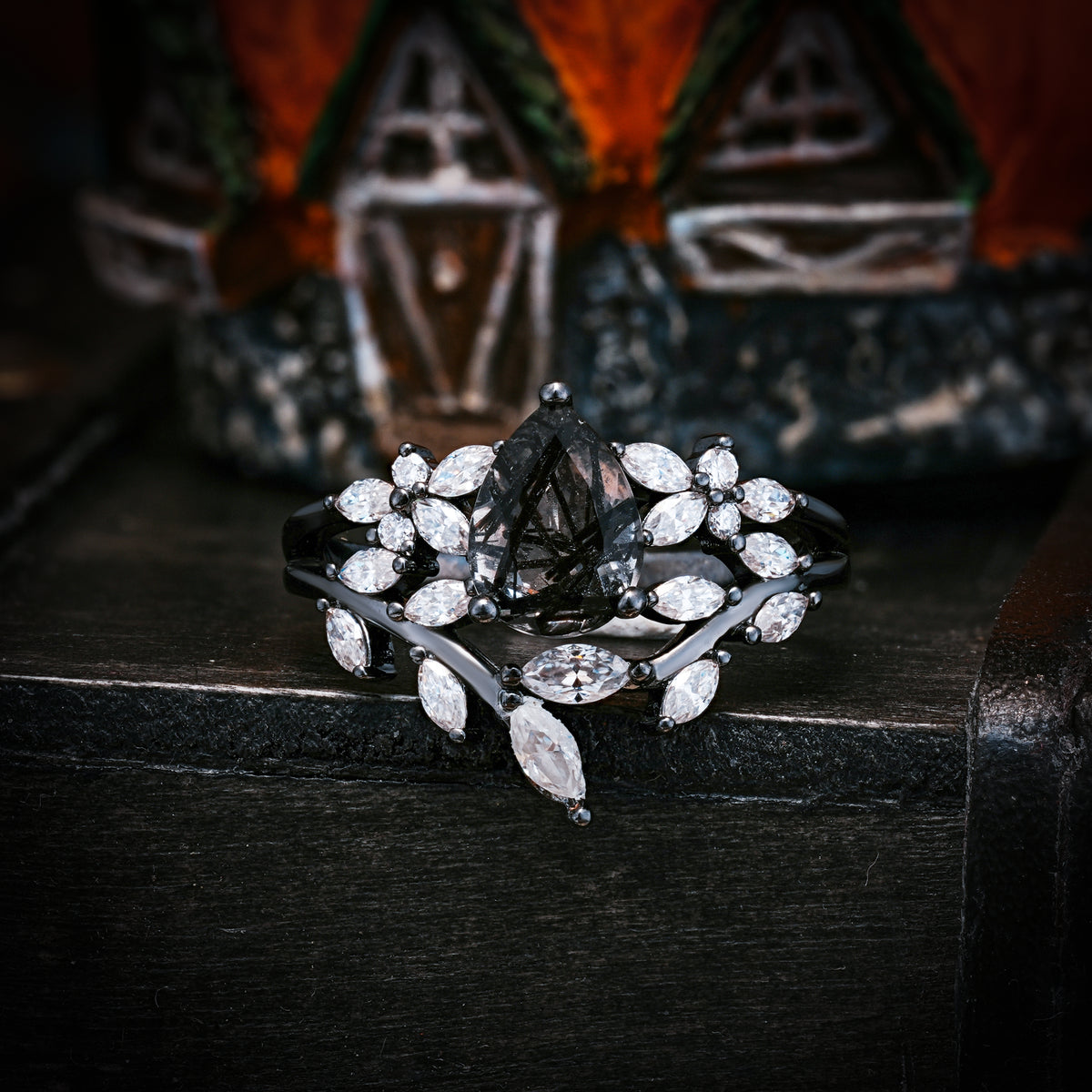 Halloween Mystery Series — Dark Gothic 3-Prong Pear Cut Engagement Ring