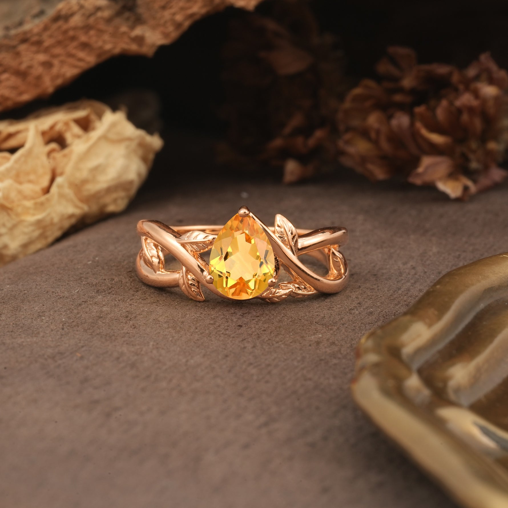 Nature-Inspired Classic Luxury: Entwined 3-Prong Pear Cut Citrine Engagement Ring - Additional view