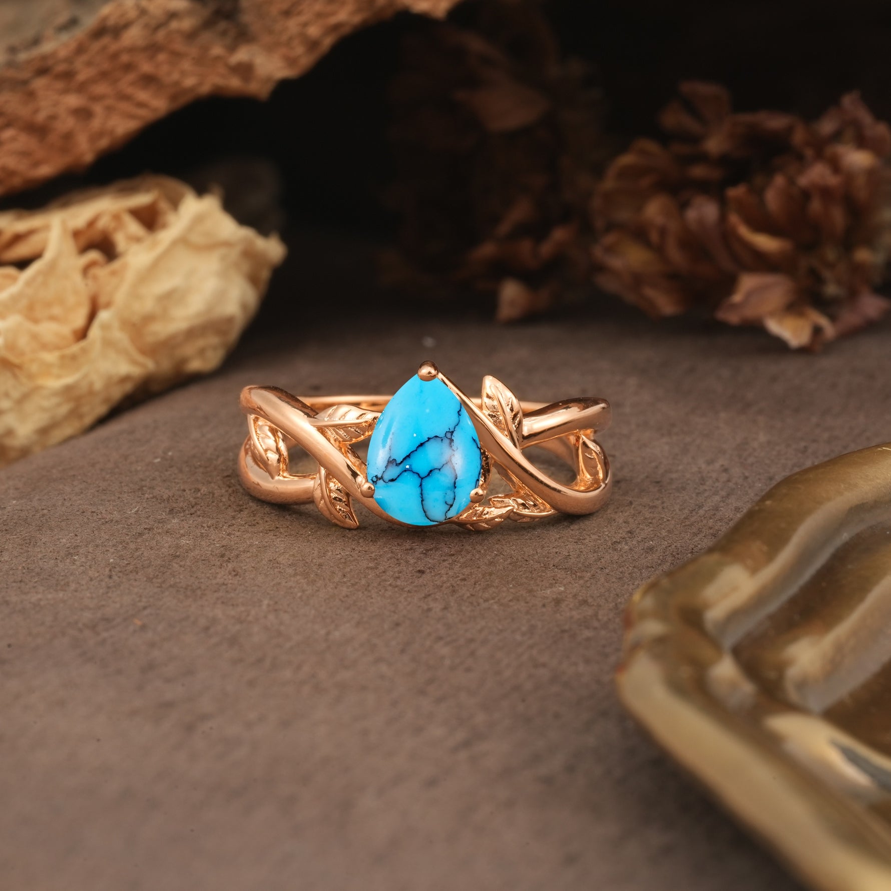 Nature-Inspired Classic Luxury: Entwined 3-Prong Pear Cut Turquoise Engagement Ring - Additional view