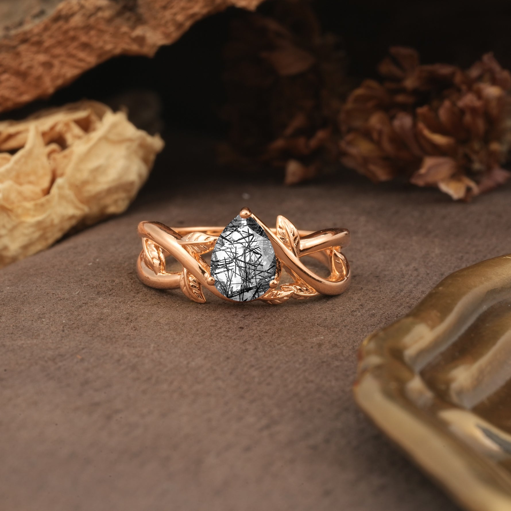 Nature-Inspired Classic Luxury: Entwined 3-Prong Pear Cut Black Rutilated Quartz Engagement Ring - Additional view
